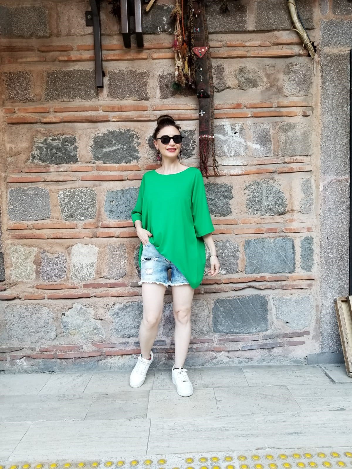 % 100 Pamuk Viskon Zümrüt Yeşili Penye Bluz