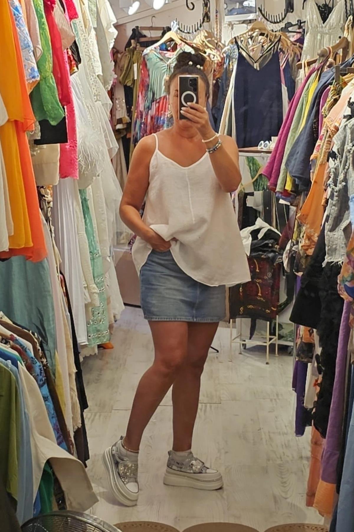 Askılı Keten Bluz Beyaz