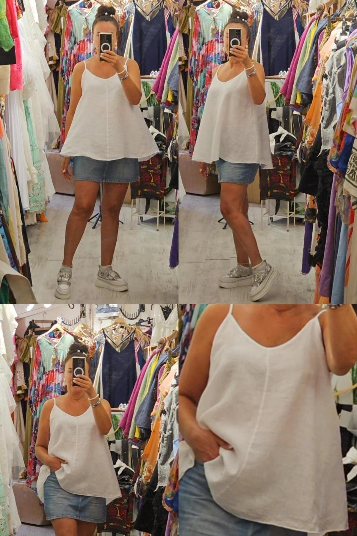 Askılı Keten Bluz Beyaz