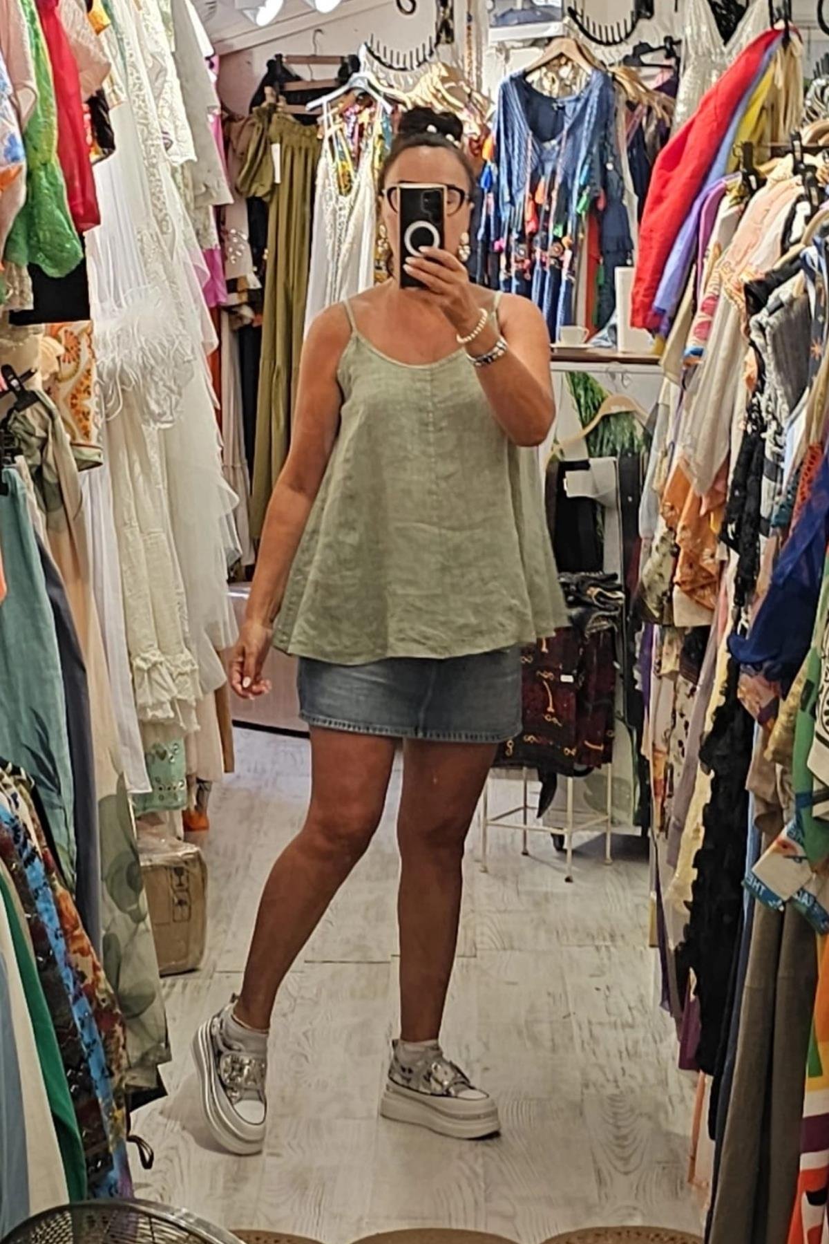 Askılı Keten Bluz Çağla Yeşili