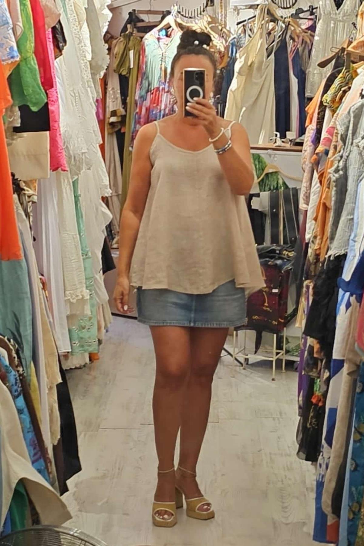 Askılı Keten Bluz Ekru