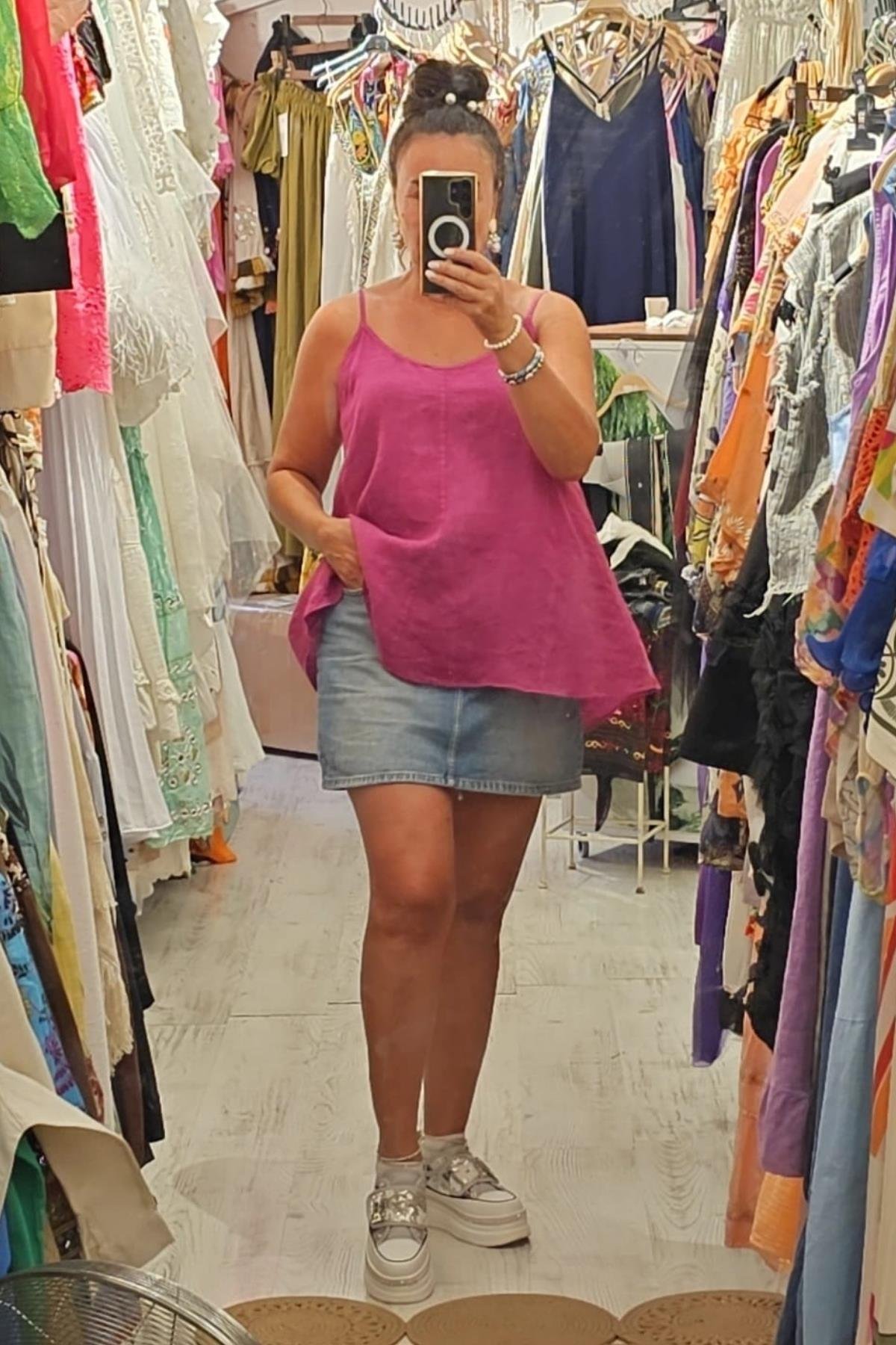 Askılı Keten Bluz Fuşya