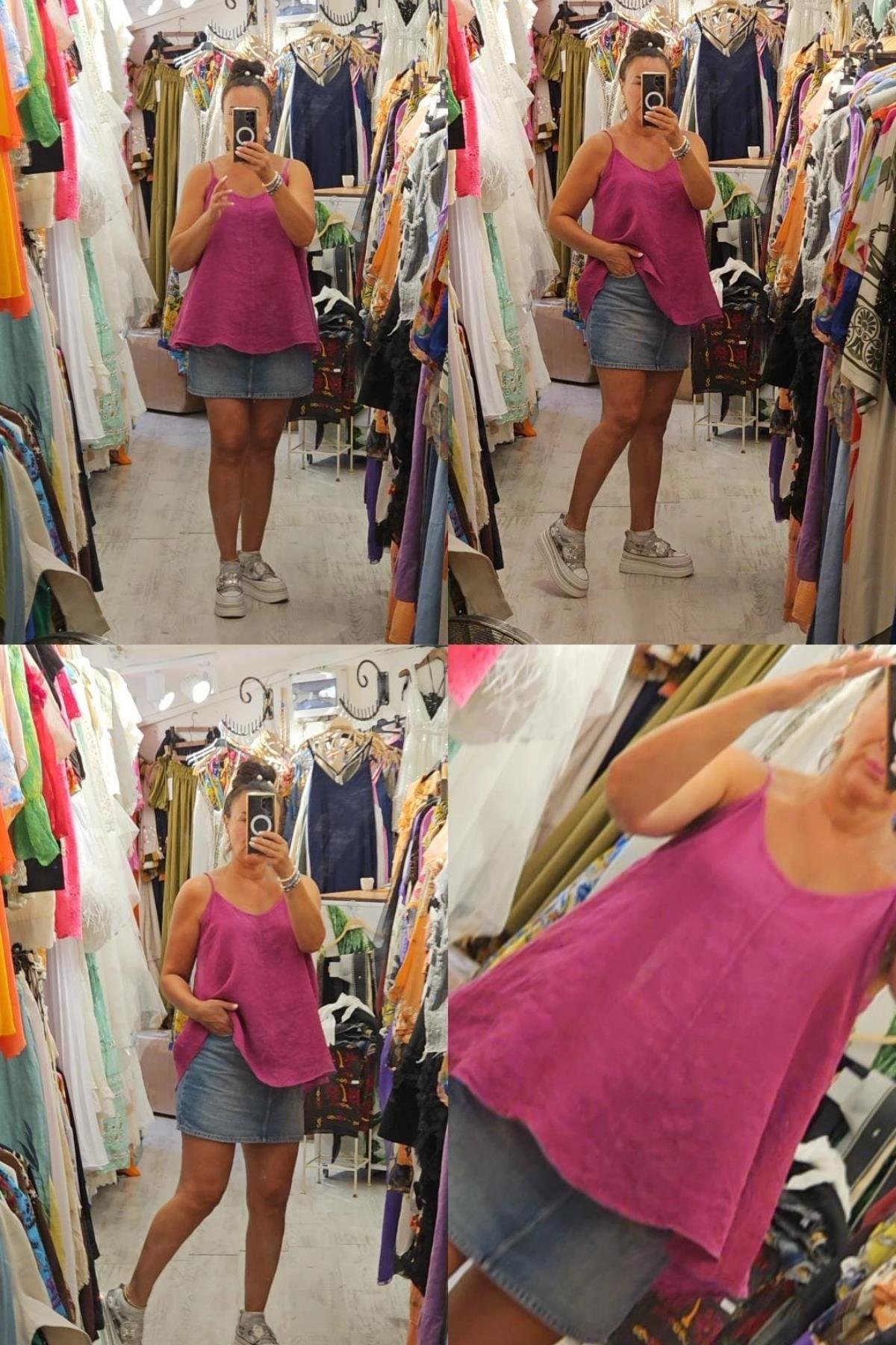 Askılı Keten Bluz Fuşya