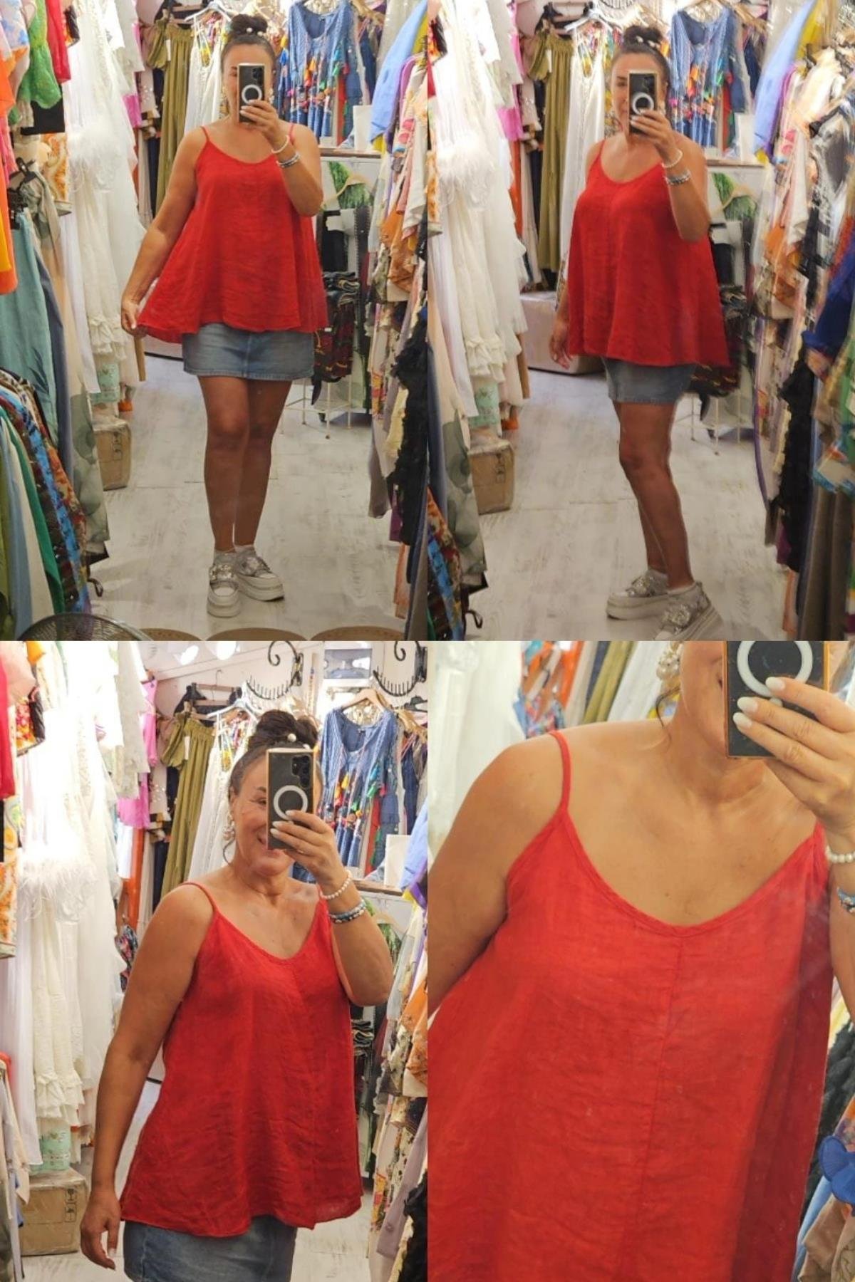 Askılı Keten Bluz Kırmızı