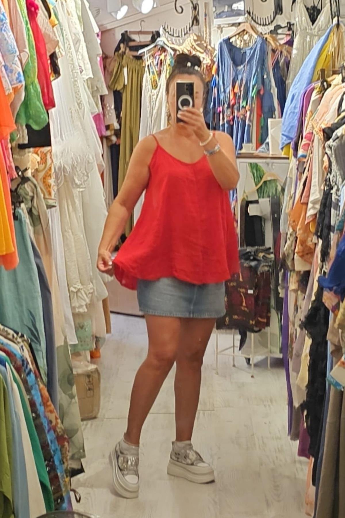 Askılı Keten Bluz Kırmızı