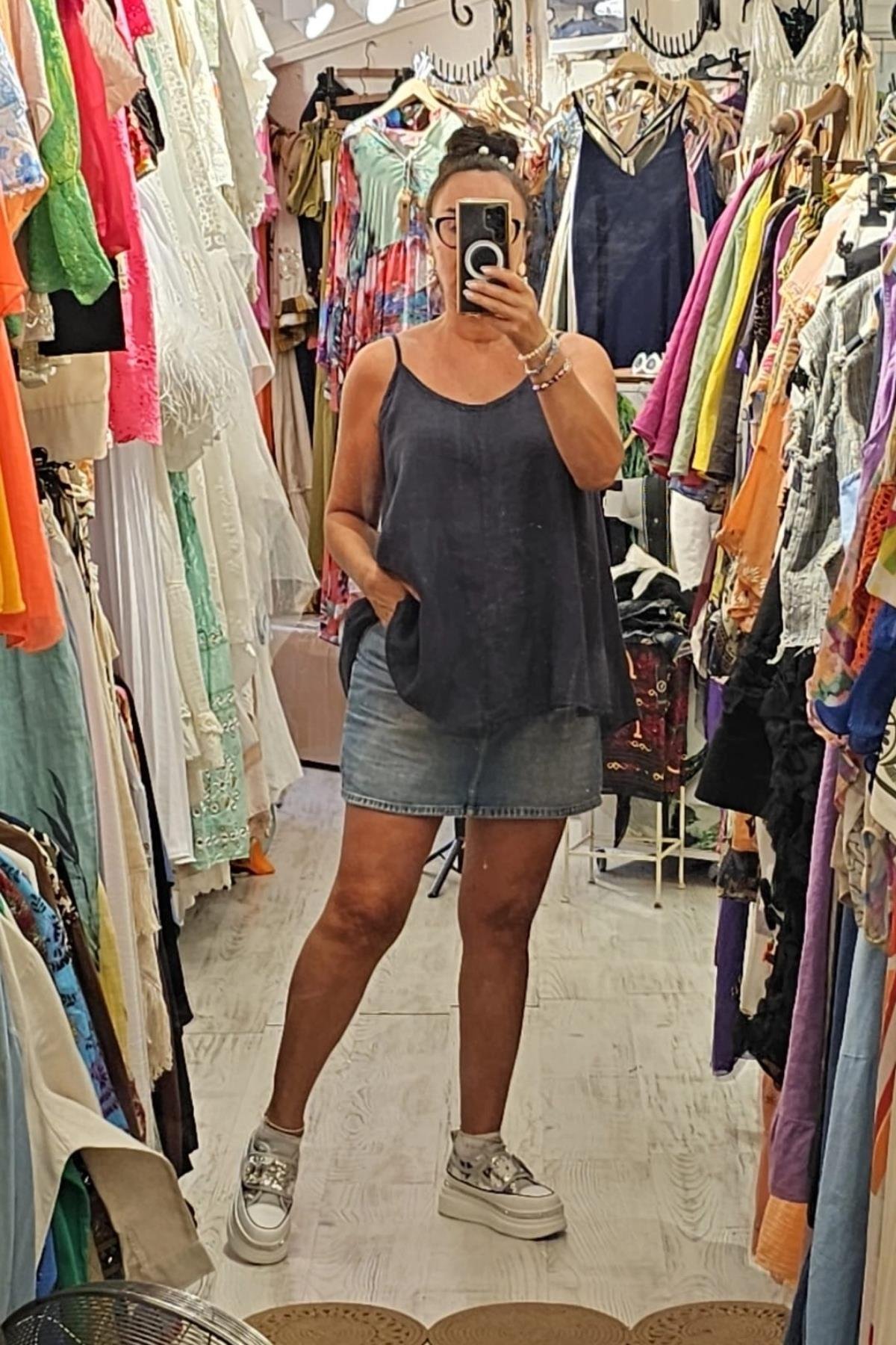 Askılı Keten Bluz Lacivert