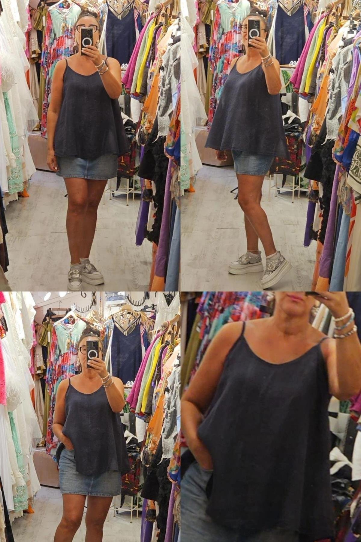 Askılı Keten Bluz Lacivert