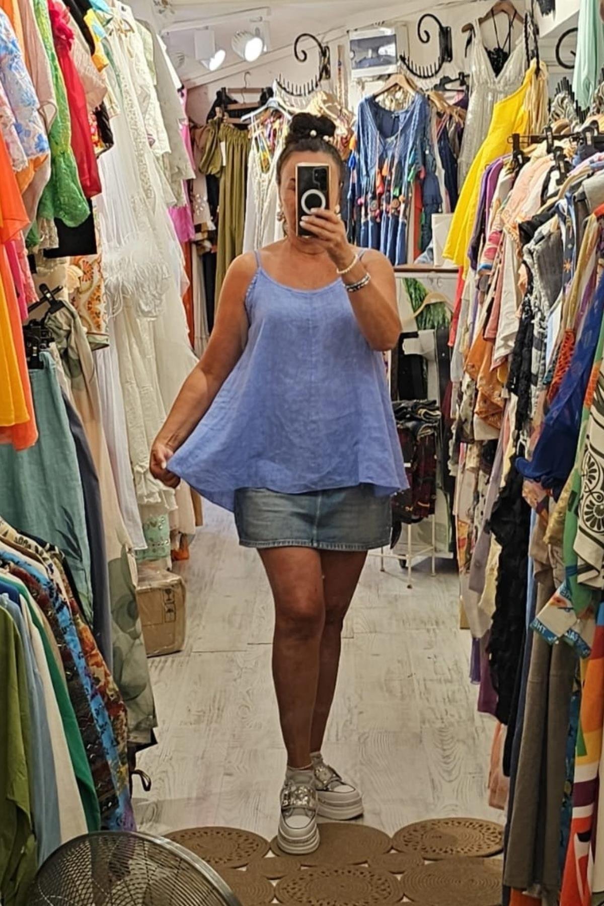 Askılı Keten Bluz Mavi