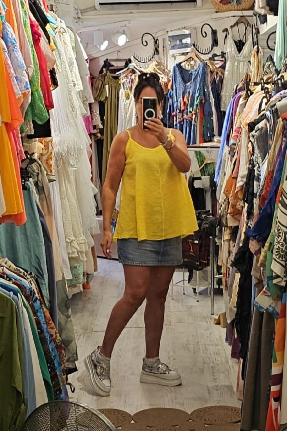 Askılı Keten Bluz Sarı