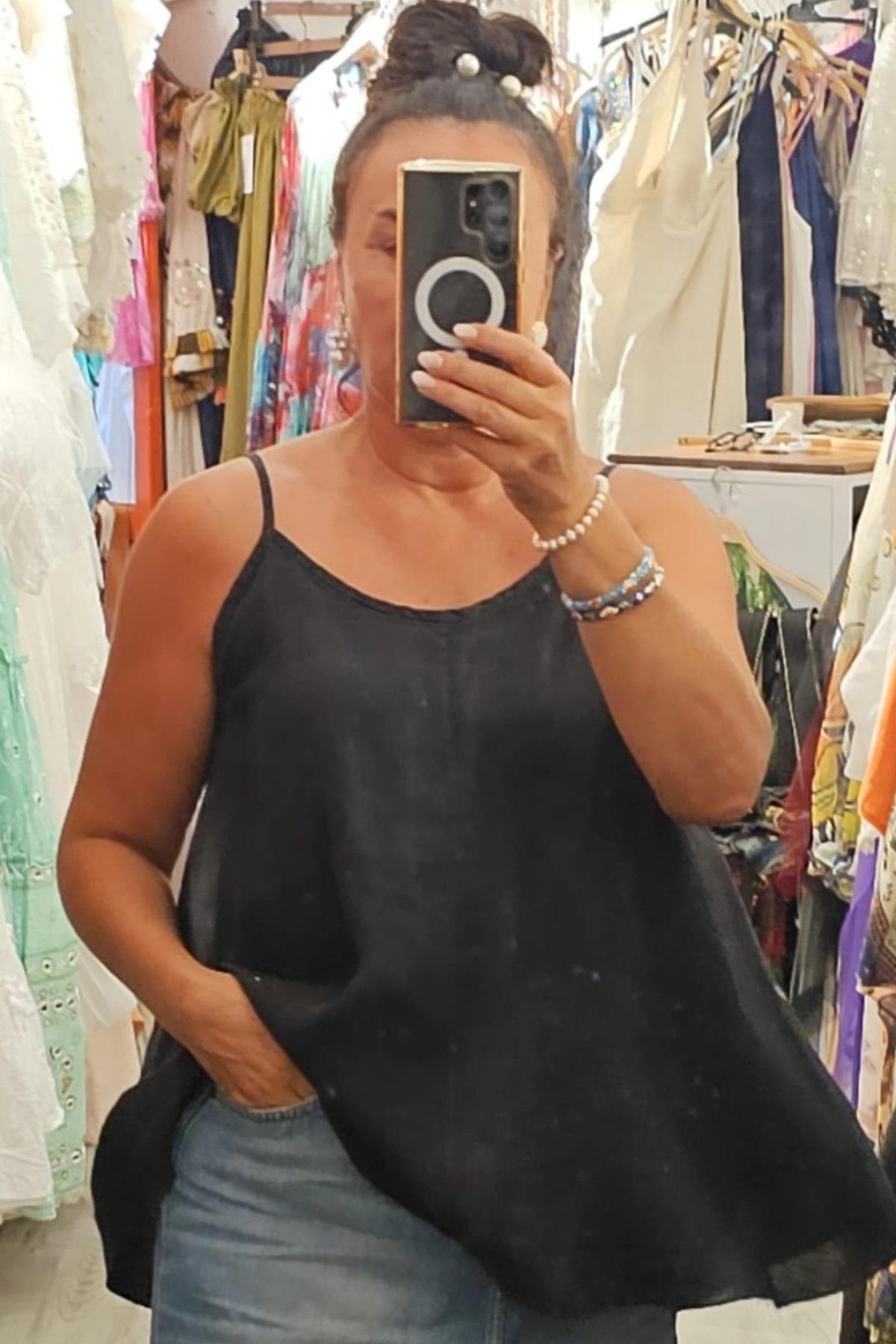 Askılı Keten Bluz Siyah