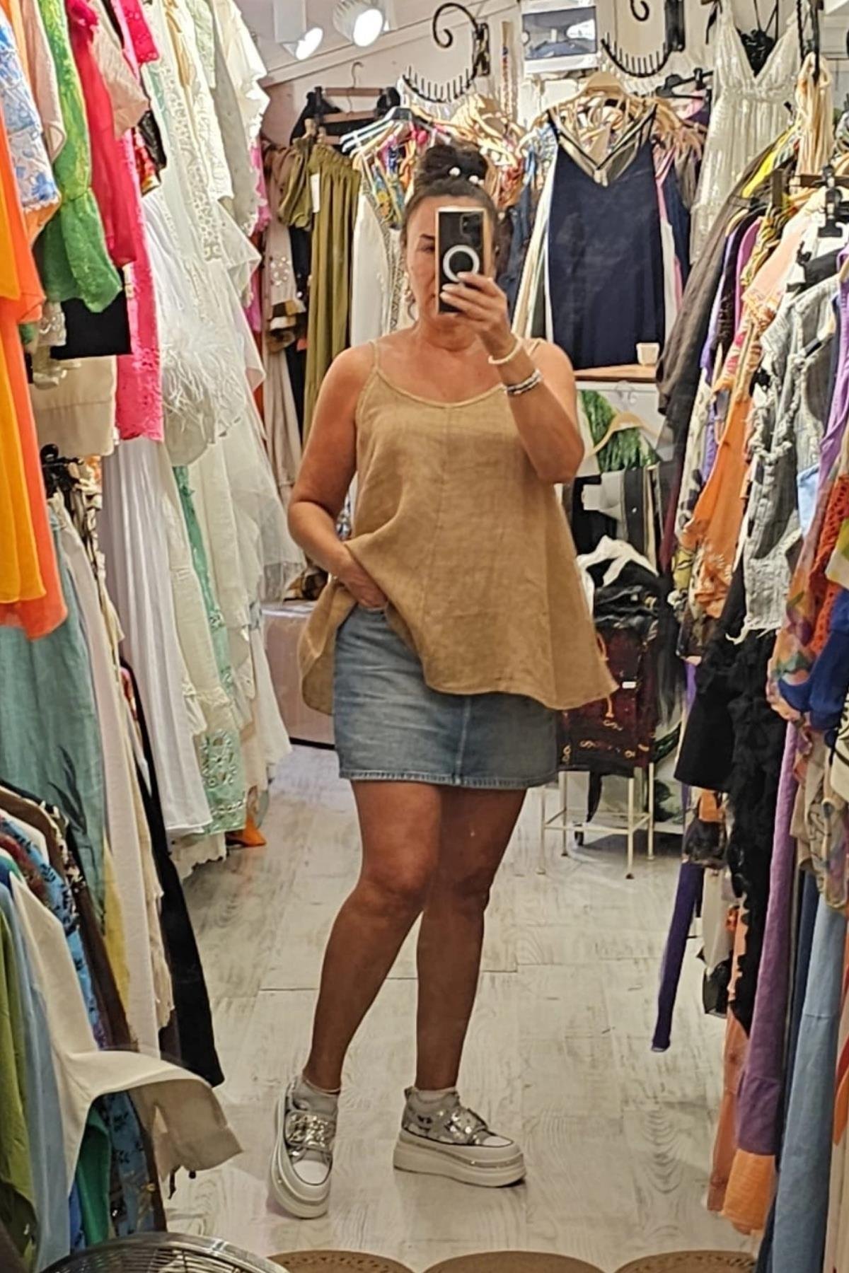 Askılı Keten Bluz Sütlü Kahve