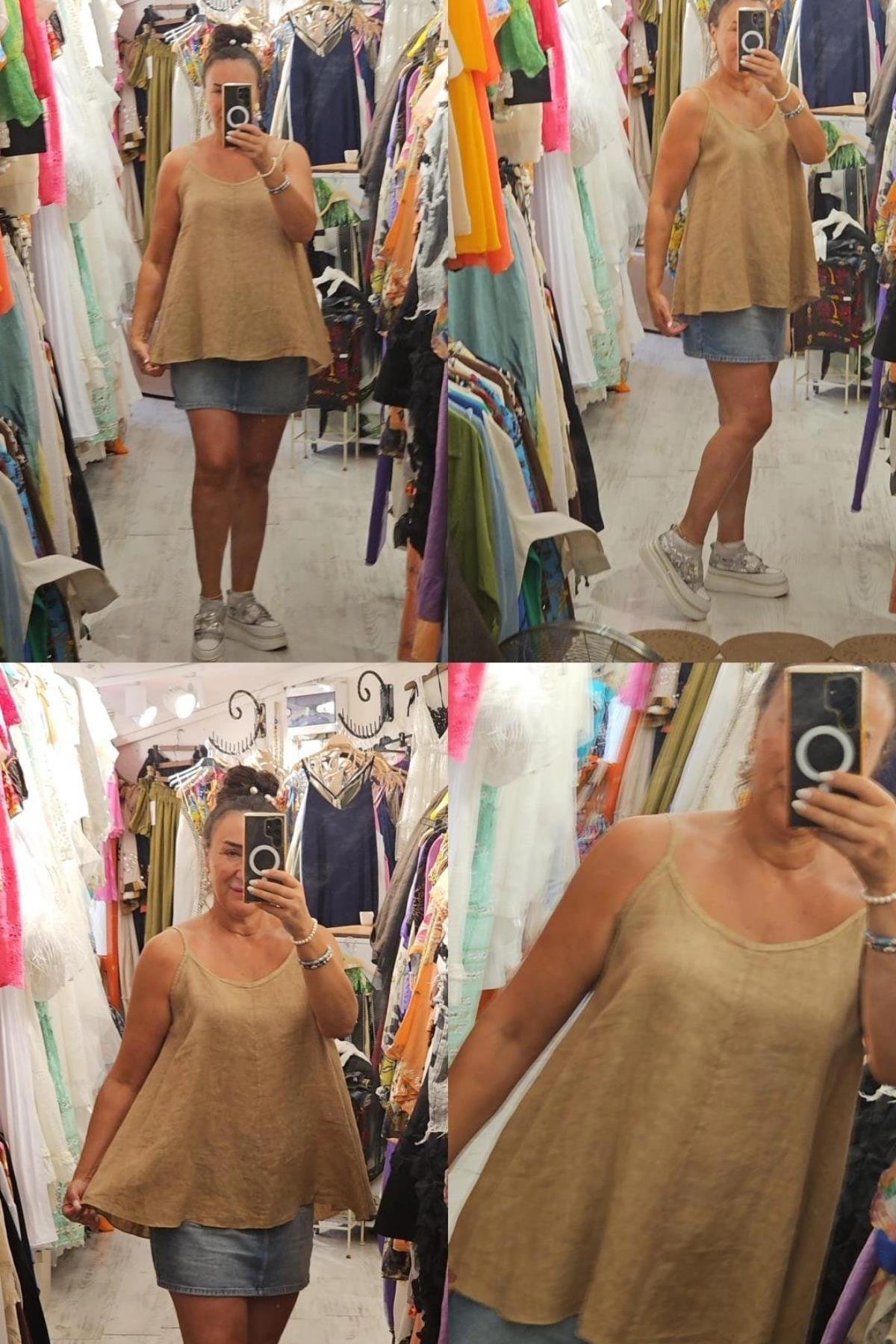 Askılı Keten Bluz Sütlü Kahve