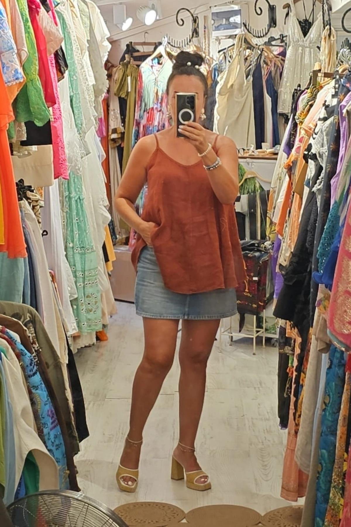 Askılı Keten Bluz Taba