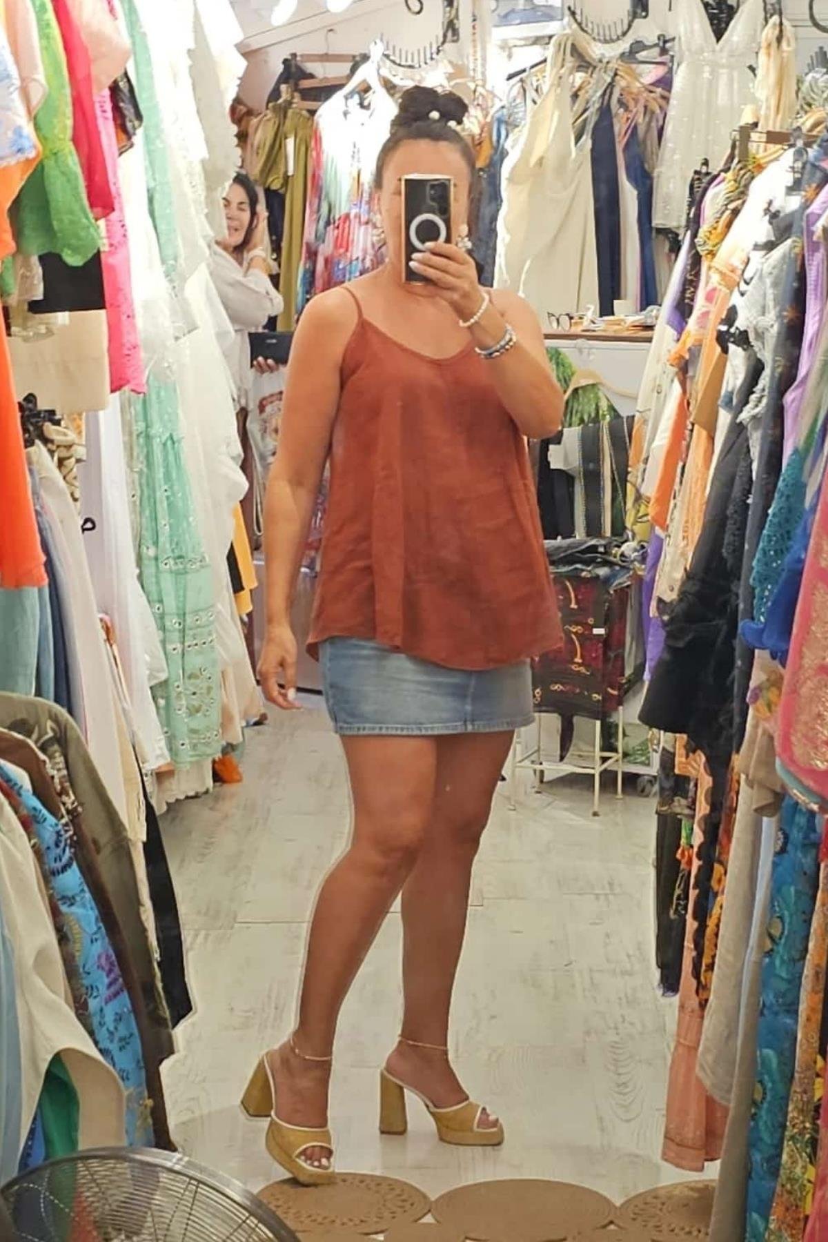 Askılı Keten Bluz Taba