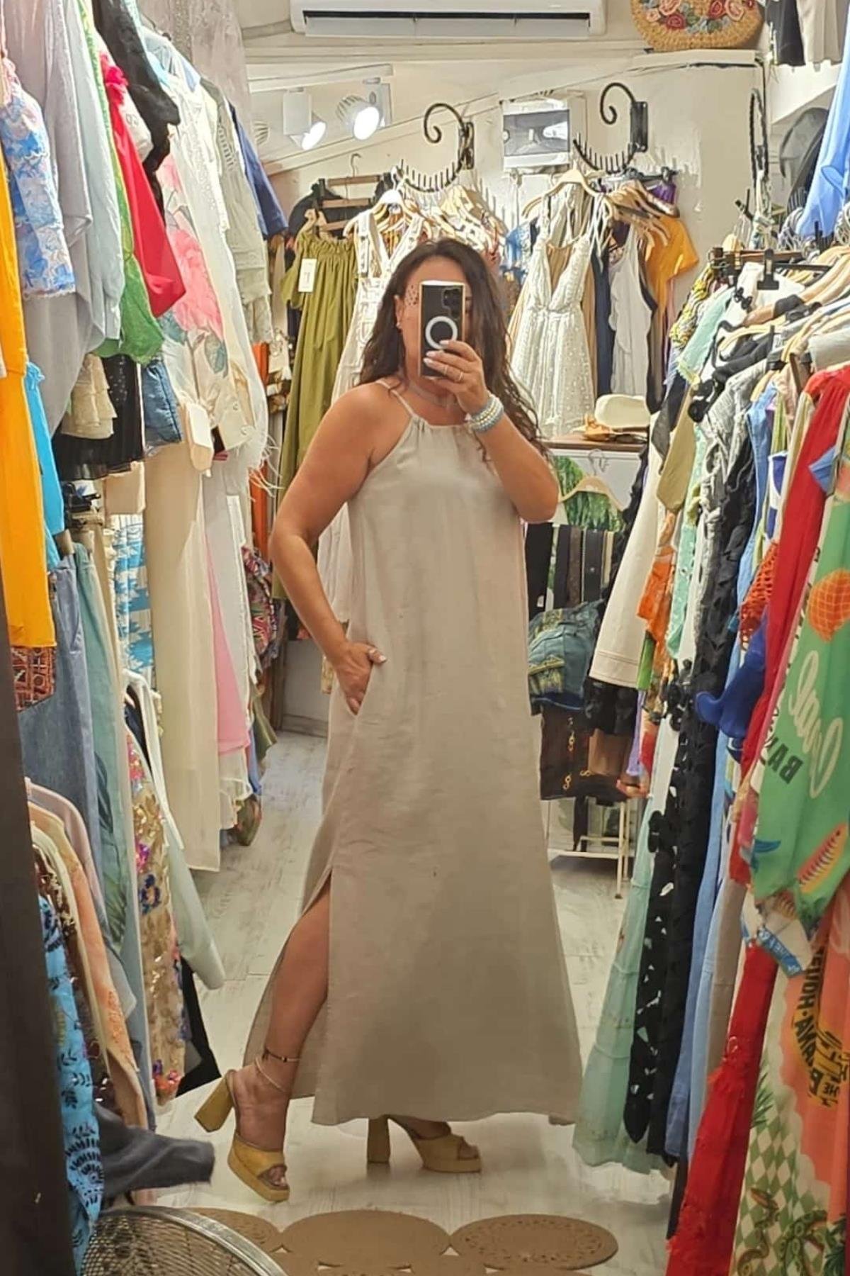 Askılı Uzun Yandan Cepli Keten Elbise Ekru