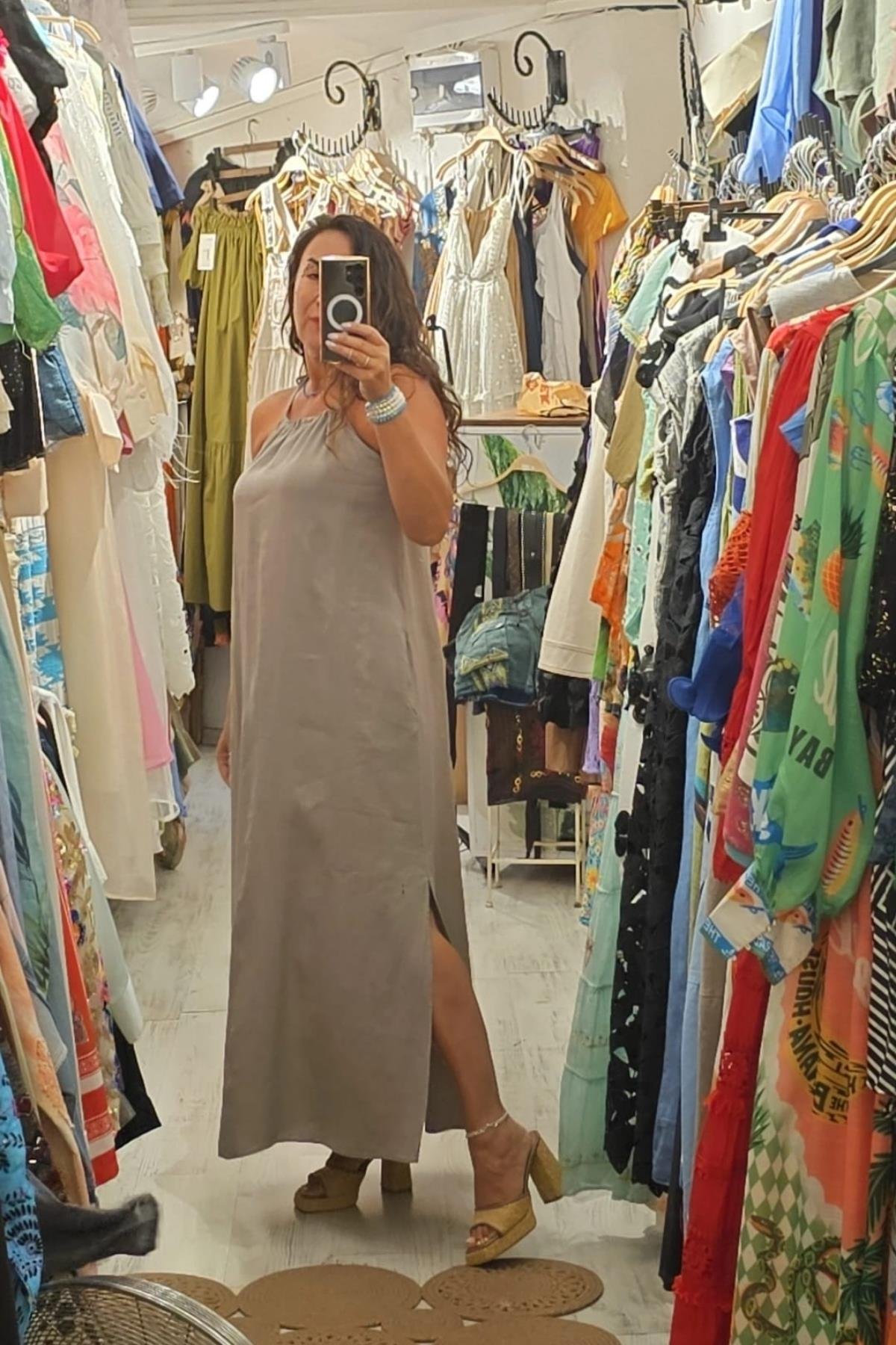 Askılı Uzun Yandan Cepli Keten Elbise Vizon