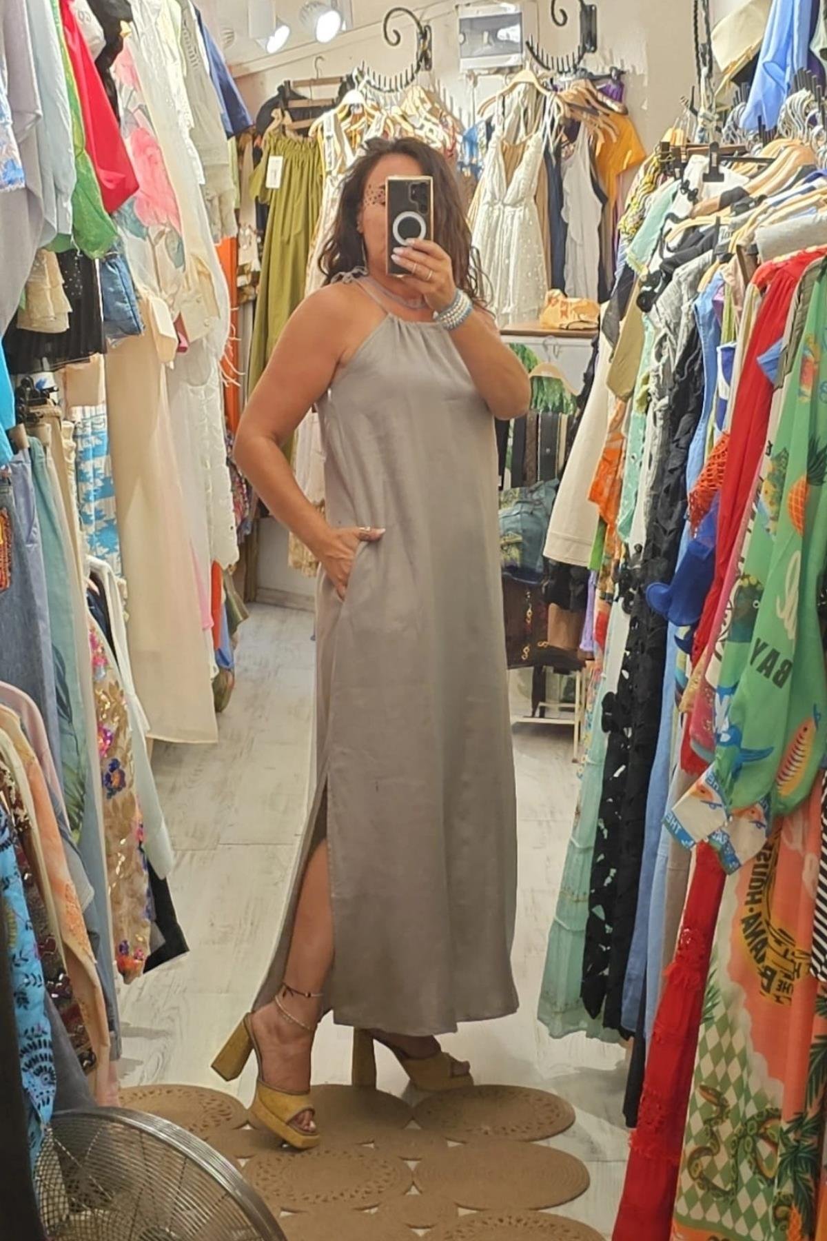 Askılı Uzun Yandan Cepli Keten Elbise Vizon