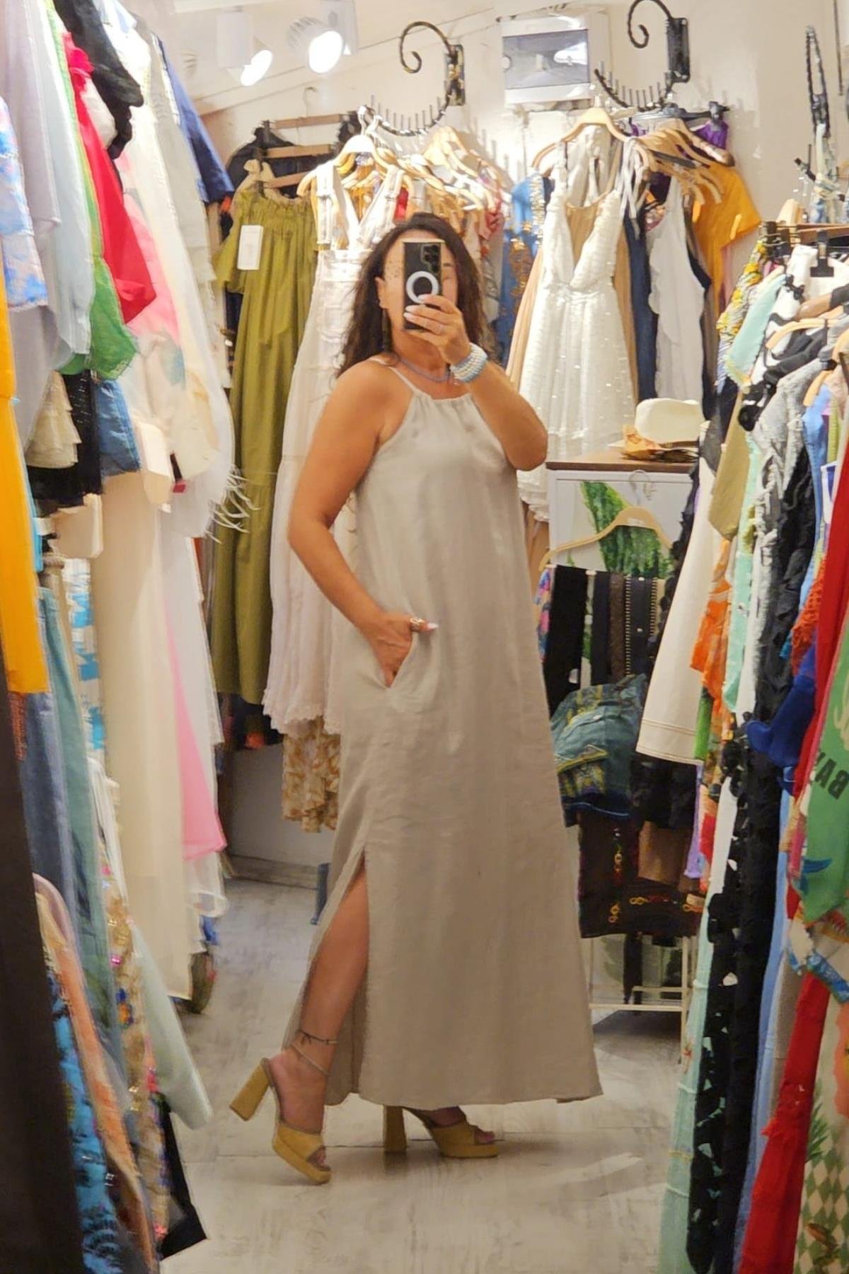 Askılı Uzun Yandan Cepli Keten Elbise Ekru