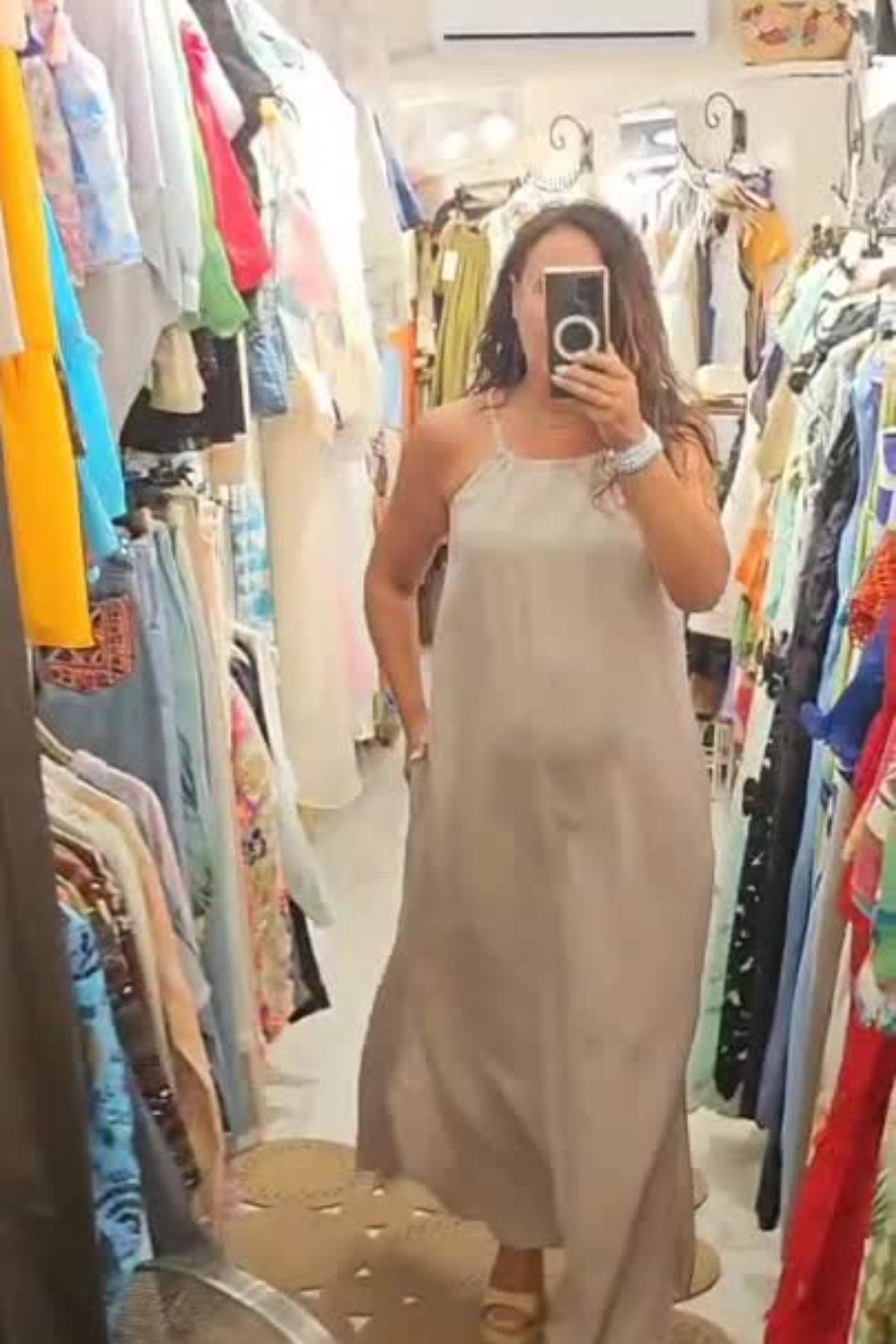 Askılı Uzun Yandan Cepli Keten Elbise Ekru