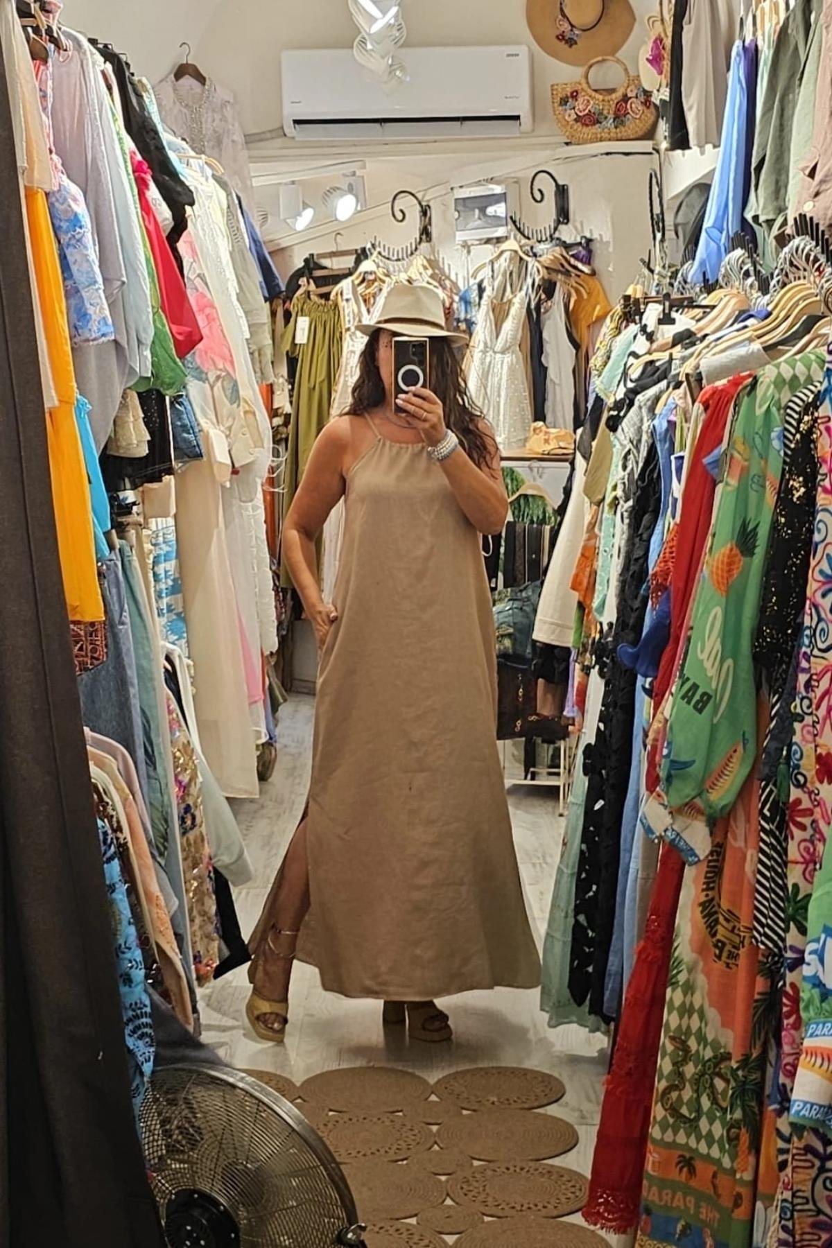 Askılı Uzun Yandan Cepli Keten Elbise Sütlü Kahve