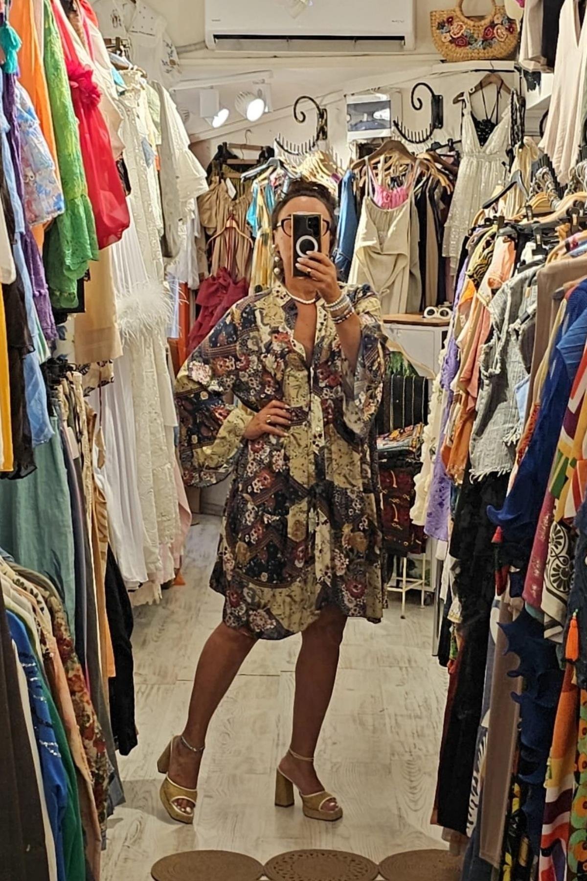 Bohem Tarzı Uzun Kol Salaş Elbise Renkli