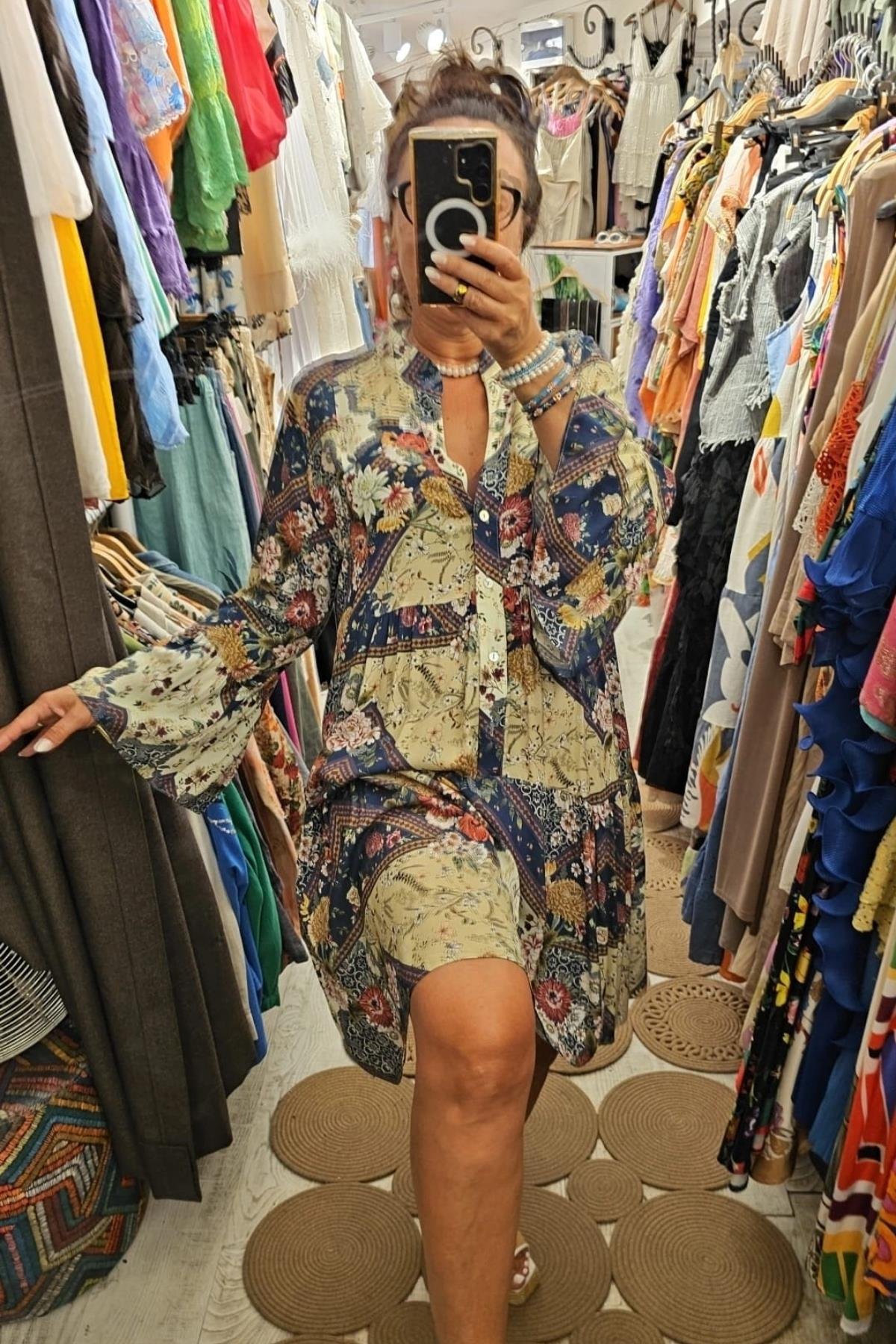 Bohem Tarzı Uzun Kol Salaş Elbise Renkli