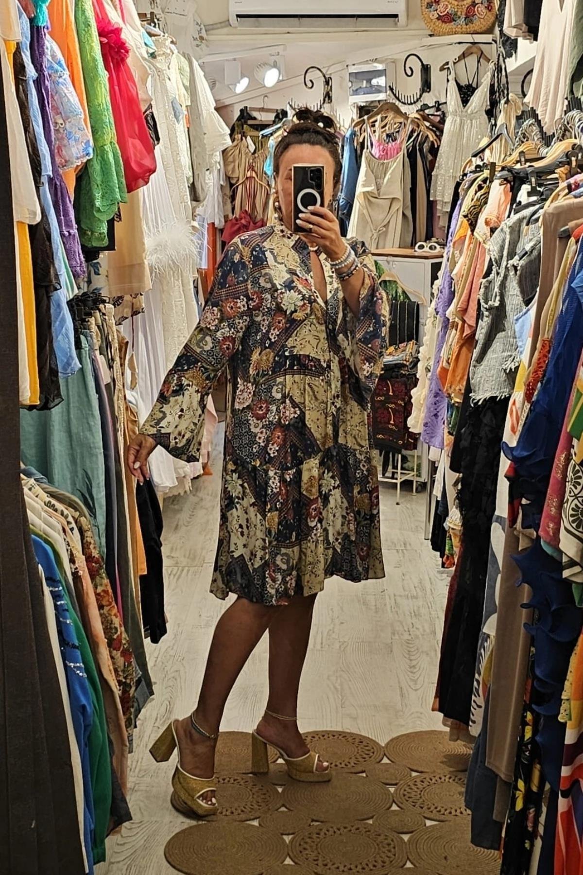 Bohem Tarzı Uzun Kol Salaş Elbise Renkli