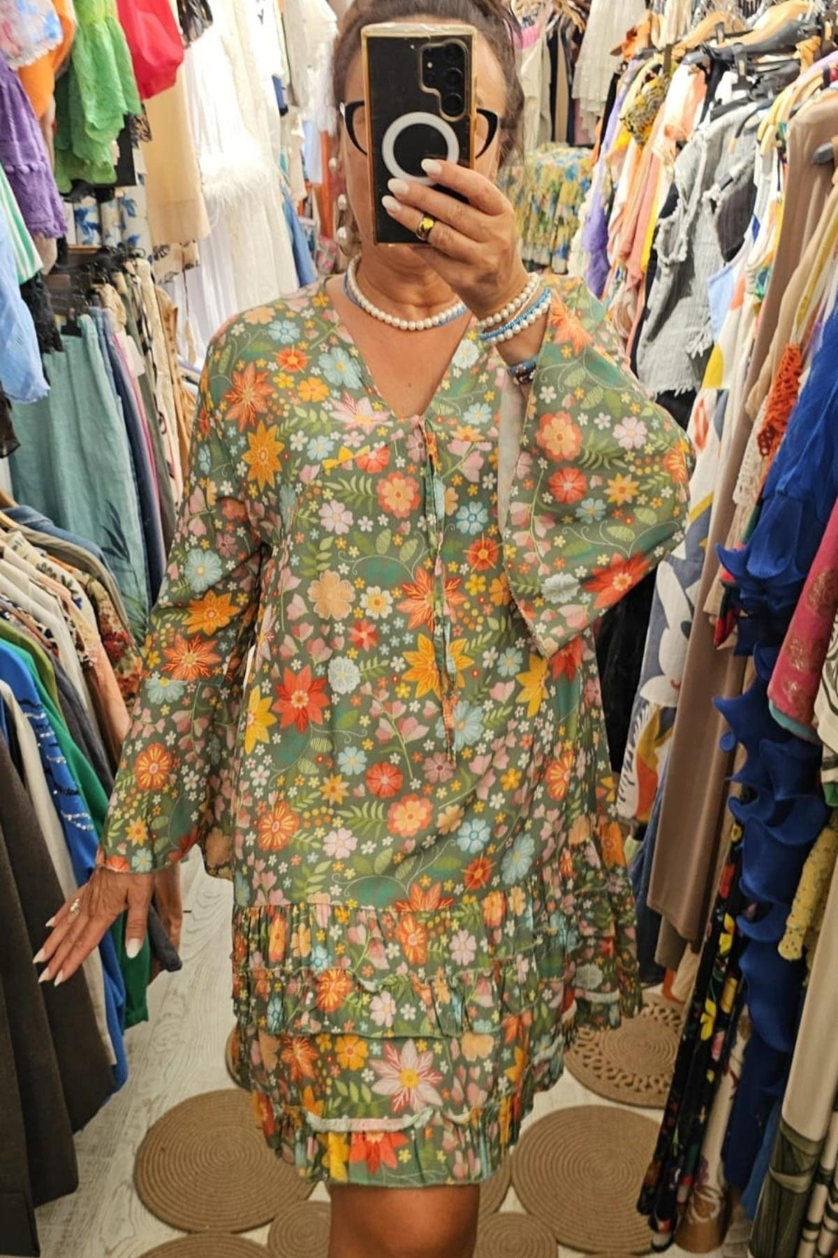 Bohem Tarzı V Yaka Uzun Kol Elbise Renkli