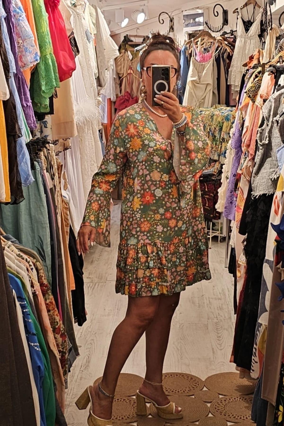 Bohem Tarzı V Yaka Uzun Kol Elbise Renkli