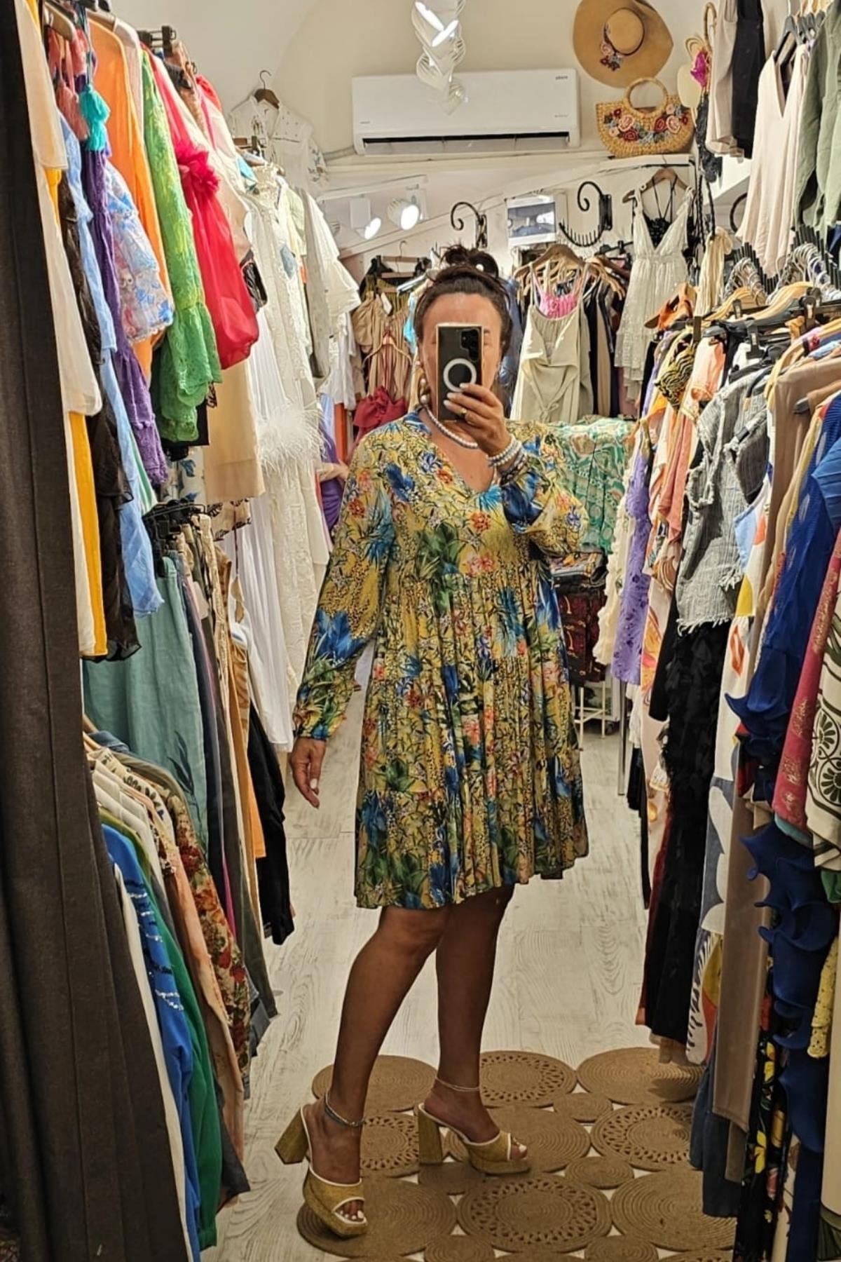 Bohem Tarzı V Yaka Uzun Kol Salaş Elbise Renkli