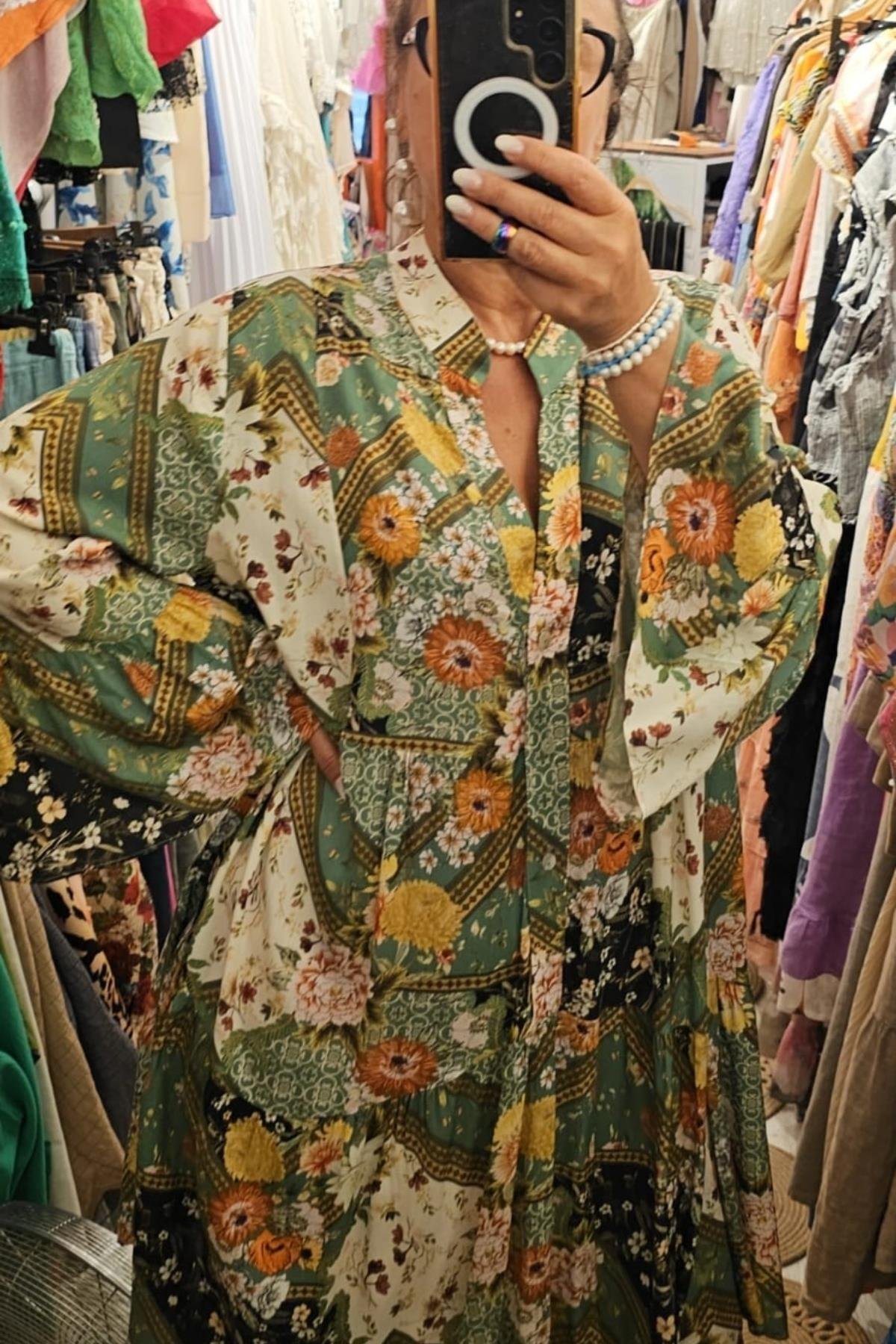 Bohem Tarzı Yarım İspanyol Kol Önden Düğmeli Salaş Elbise Renkli