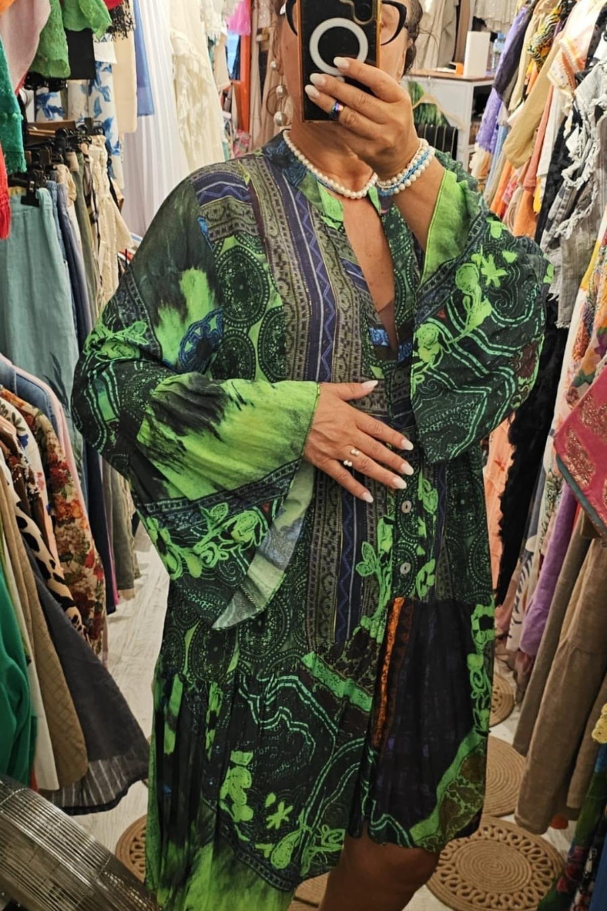 Bohem Tarzı Yarım İspanyol Kol Önden Düğmeli Salaş Elbise Renkli