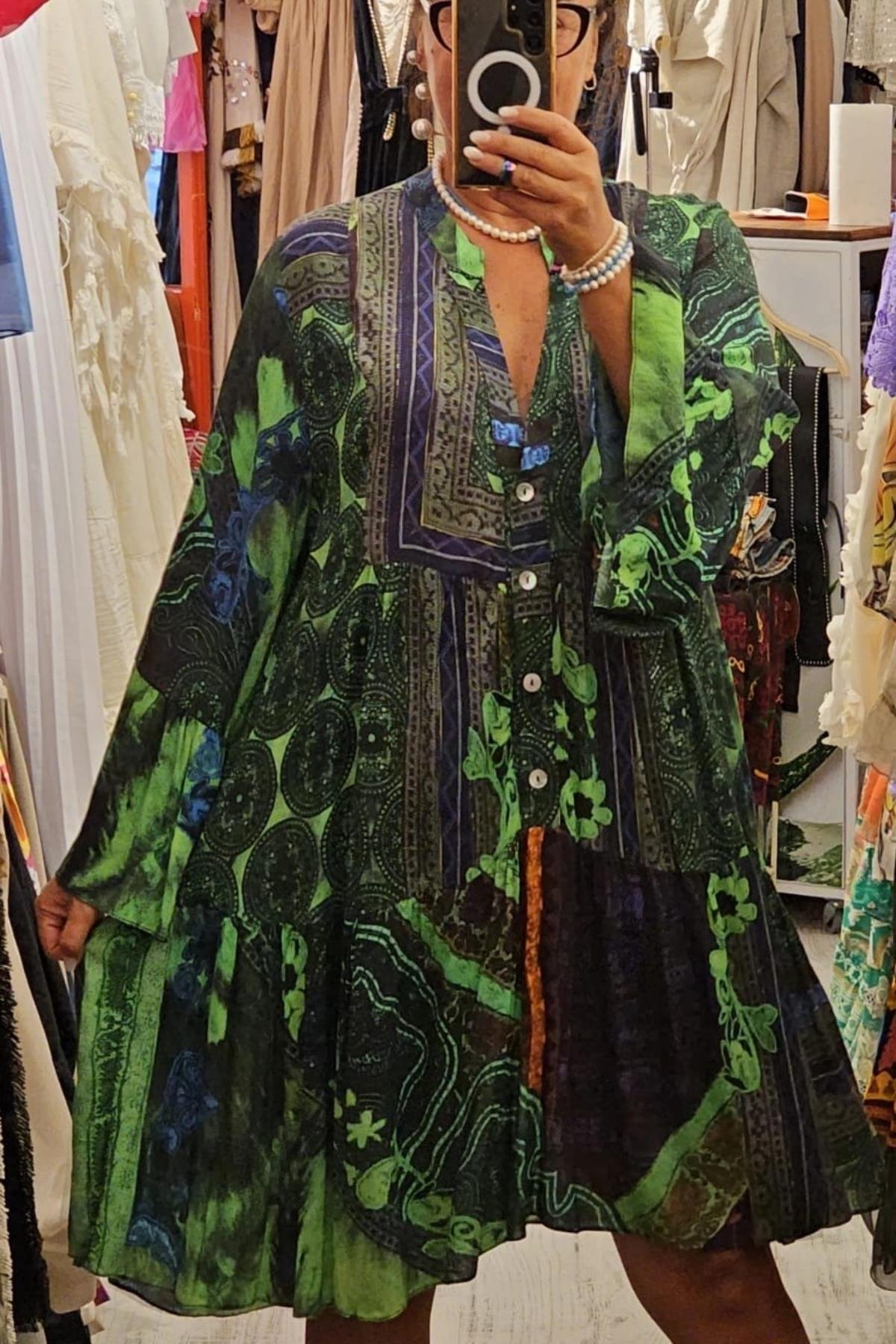 Bohem Tarzı Yarım İspanyol Kol Önden Düğmeli Salaş Elbise Renkli