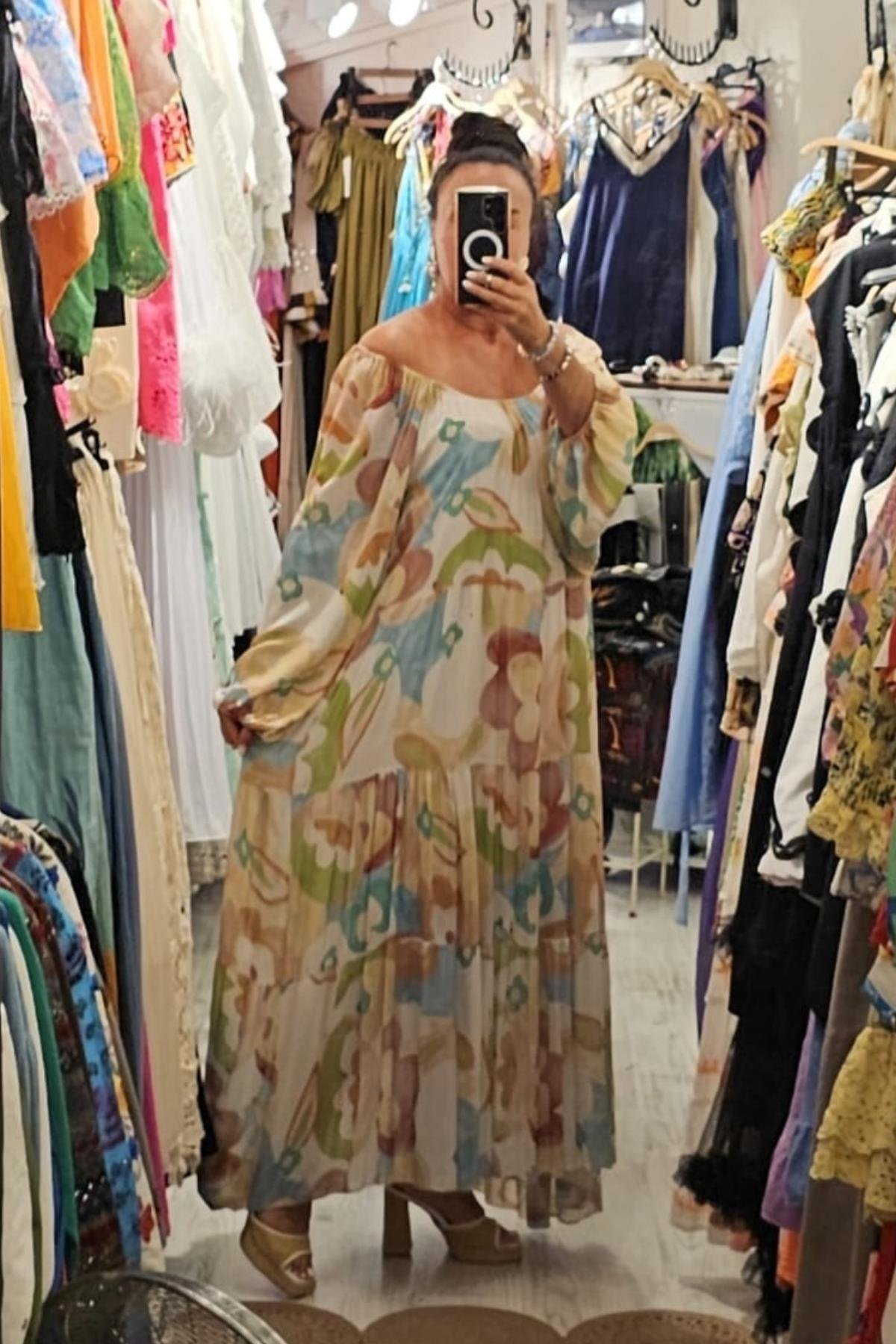 Boydan Astarlı, Pamuklu Elbise Renkli Ekru