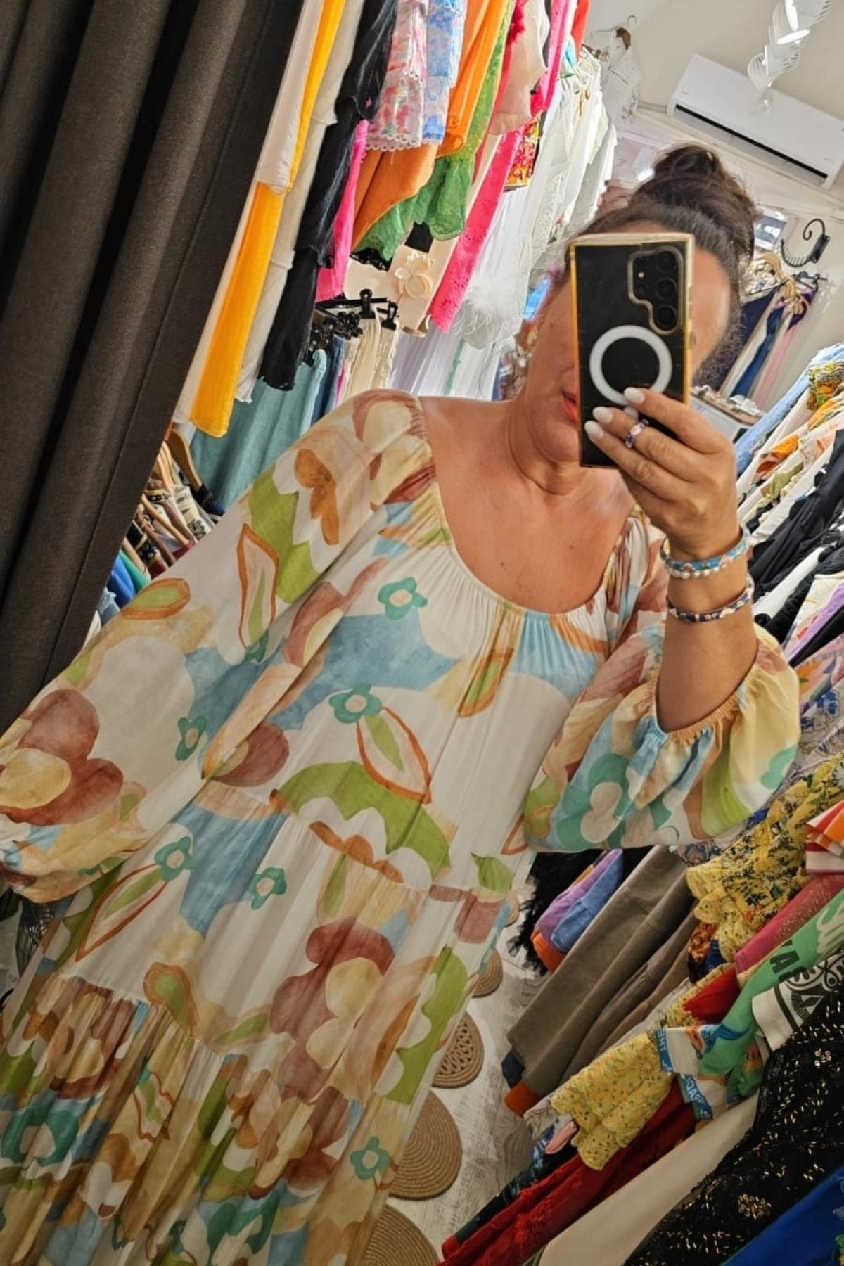 Boydan Astarlı, Pamuklu Elbise Renkli Ekru