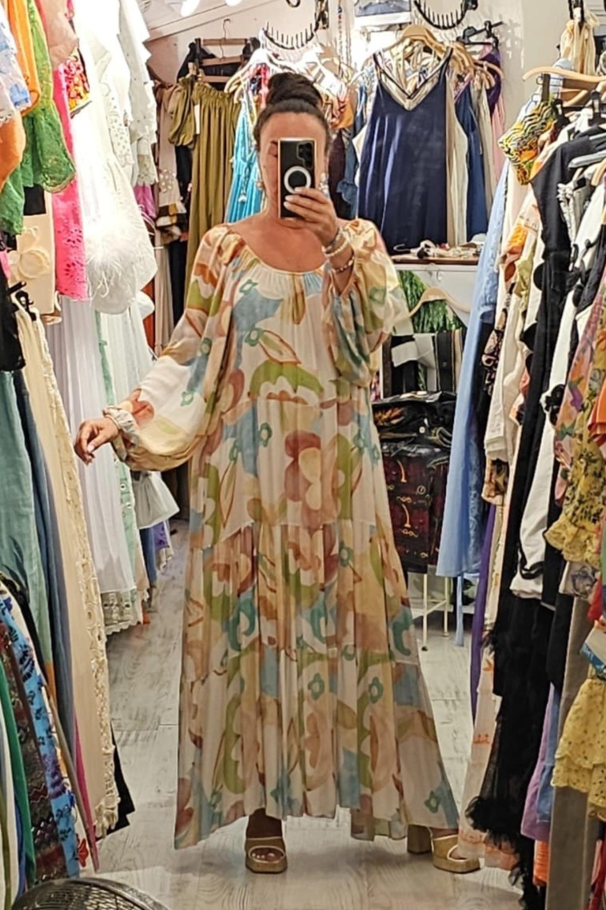 Boydan Astarlı, Pamuklu Elbise Renkli Ekru