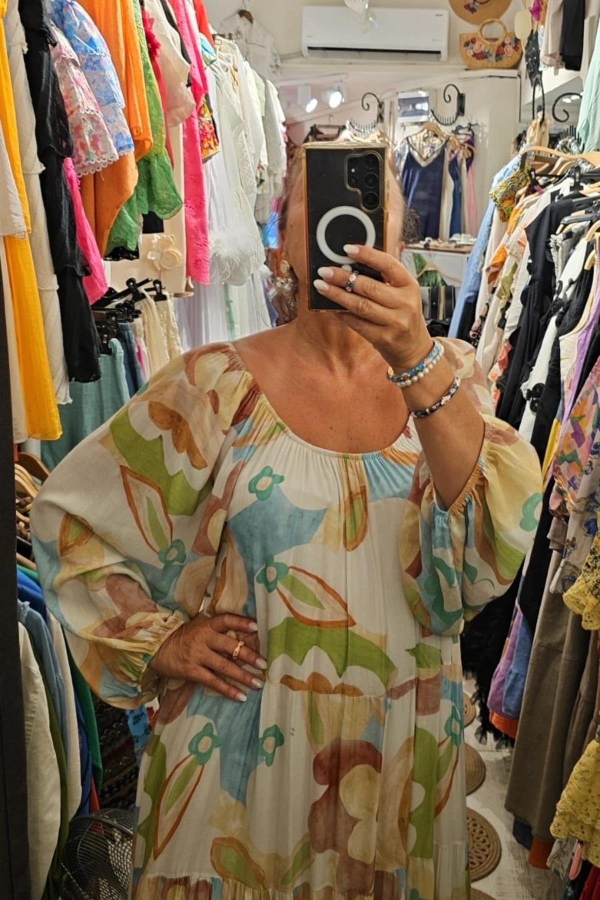 Boydan Astarlı, Pamuklu Elbise Renkli Ekru