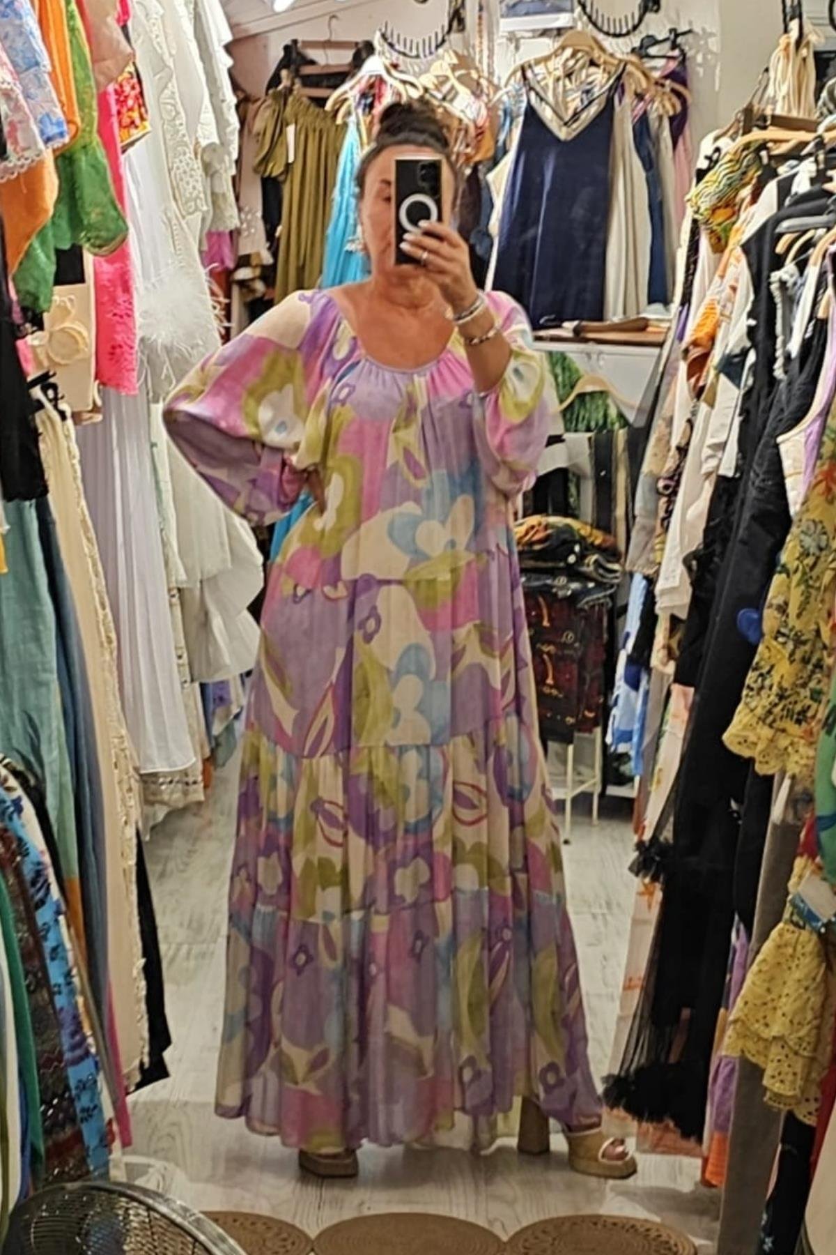 Boydan Astarlı, Pamuklu Elbise Renkli Lila