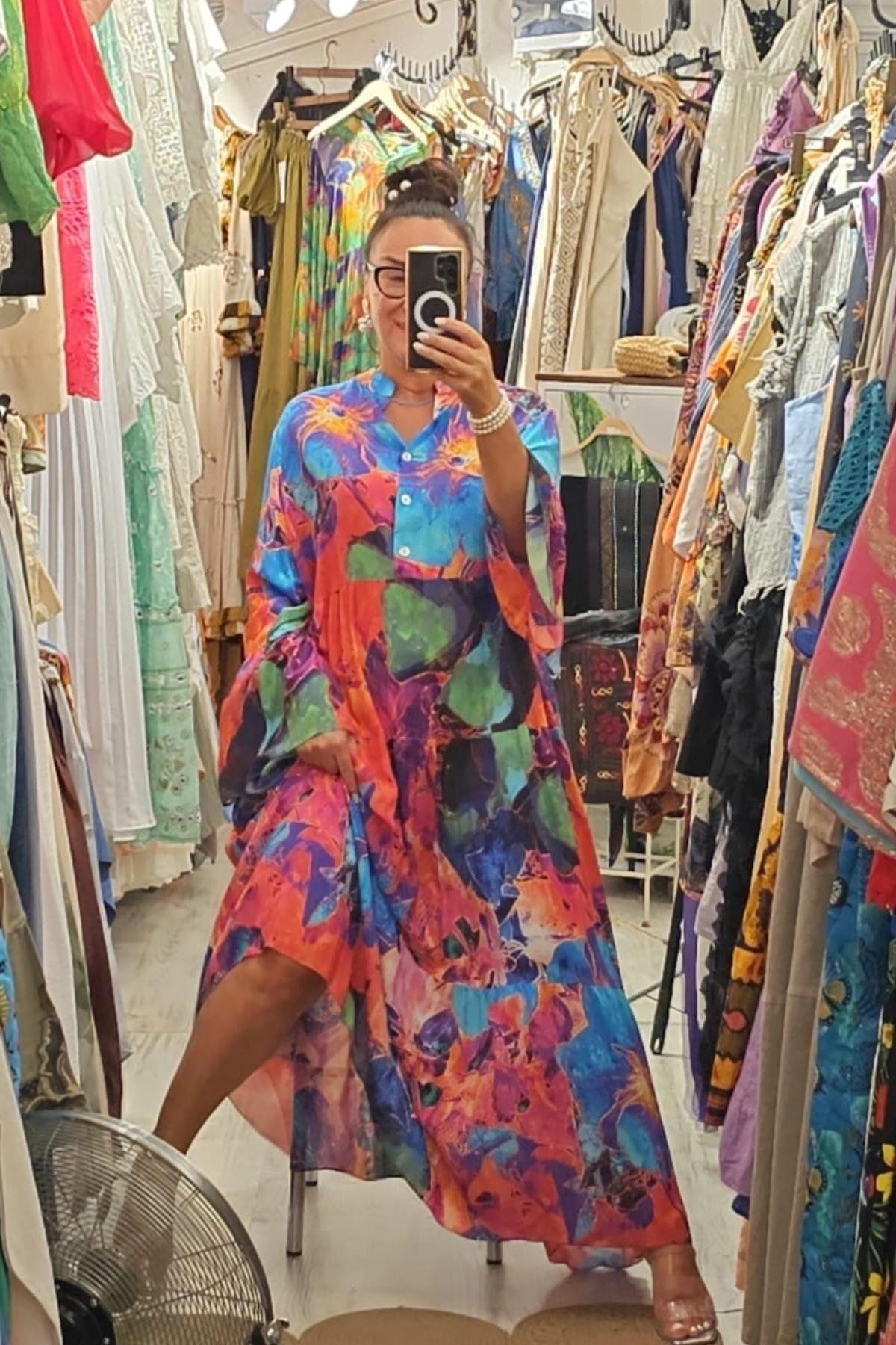 Çiçek Desenli Salaş Elbise Renkli Turuncu