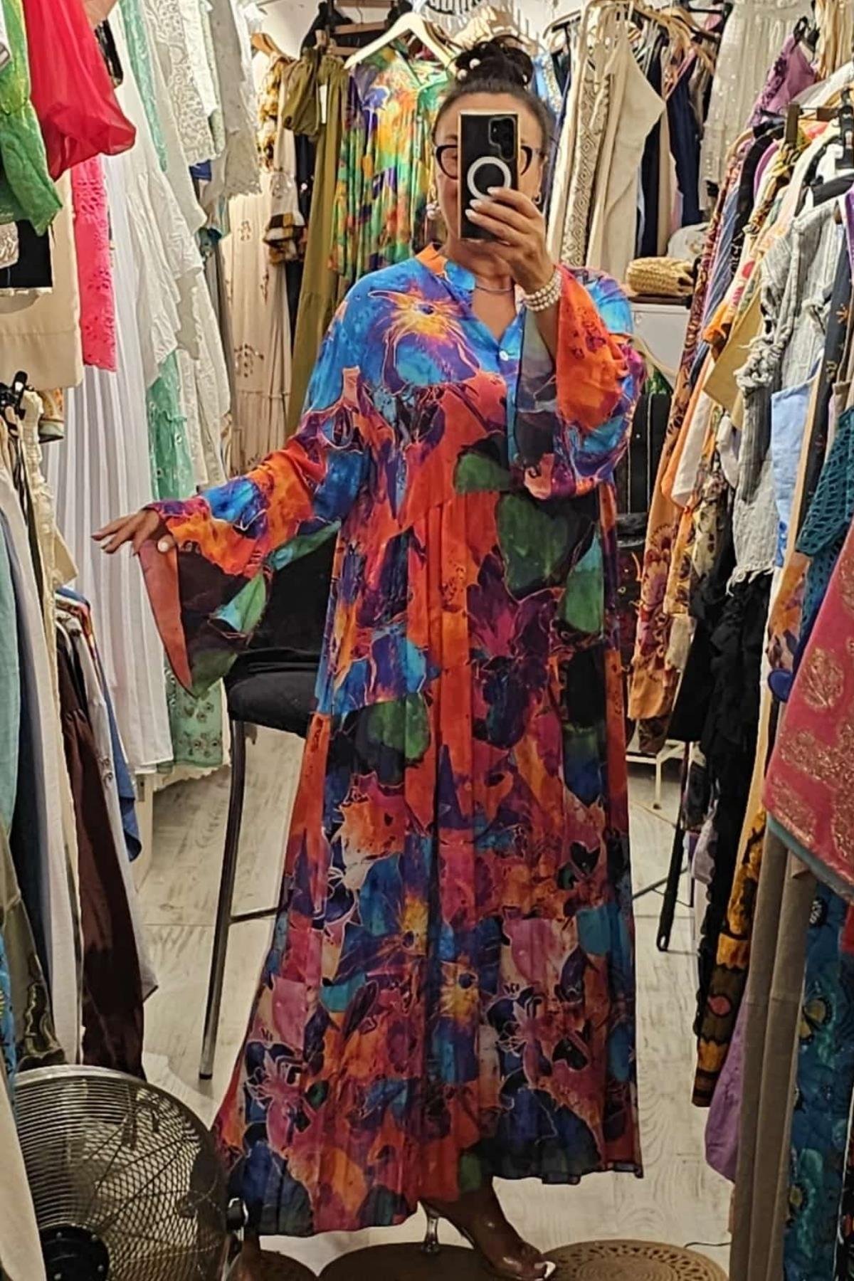 Çiçek Desenli Salaş Elbise Renkli Turuncu