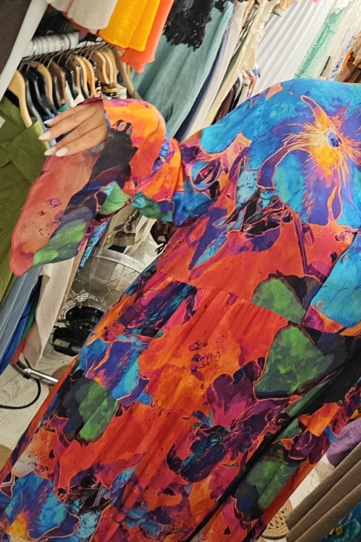 Çiçek Desenli Salaş Elbise Renkli Turuncu