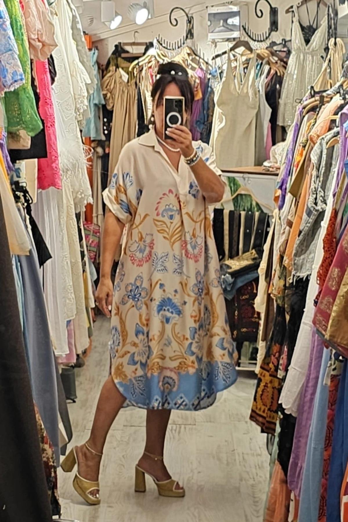 İtalyan İpek Saten Elbise Ekru ve Mavi Desenli