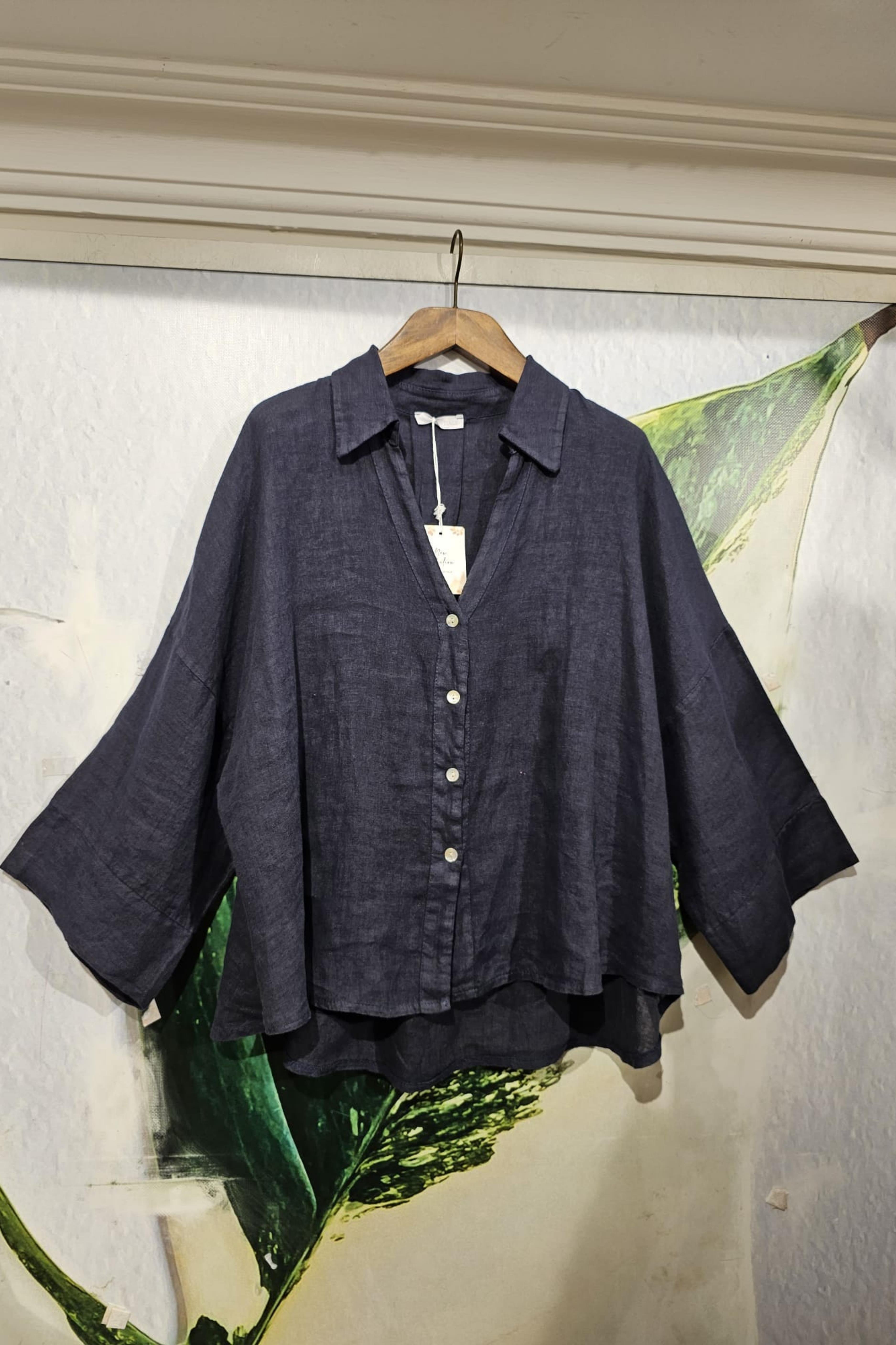 İtalyan Keten Kumaş Bluz Lacivert