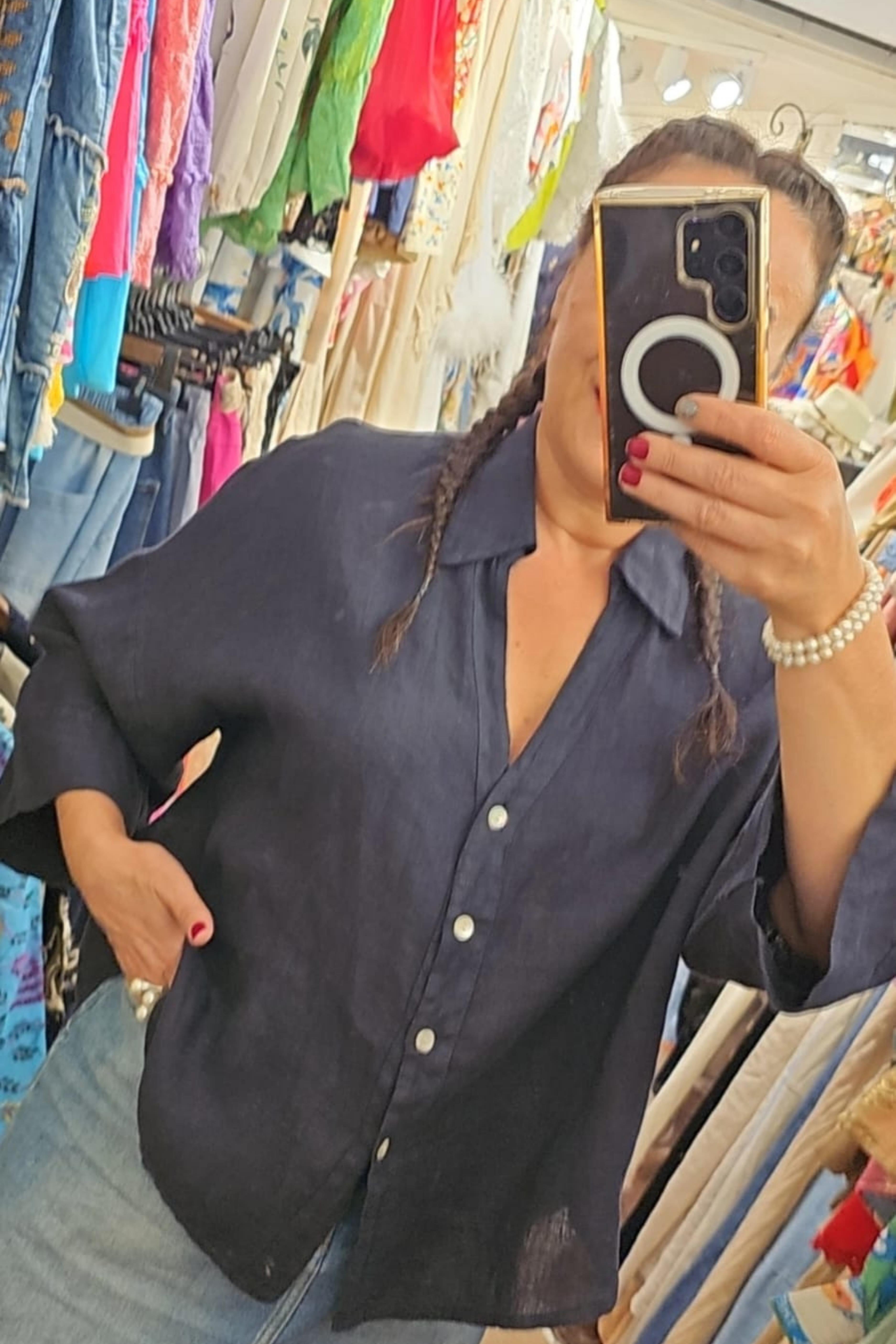 İtalyan Keten Kumaş Bluz Lacivert