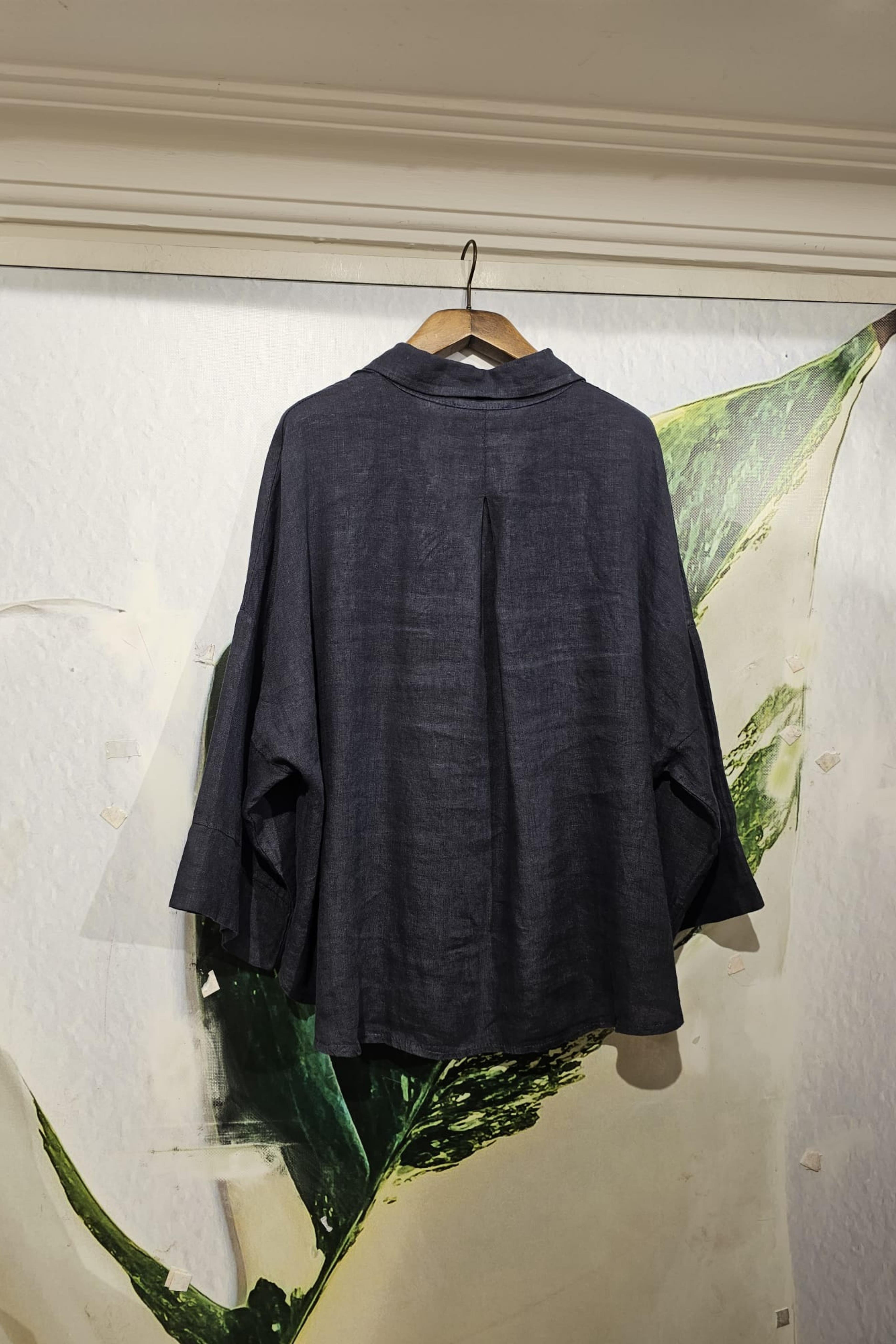 İtalyan Keten Kumaş Bluz Lacivert