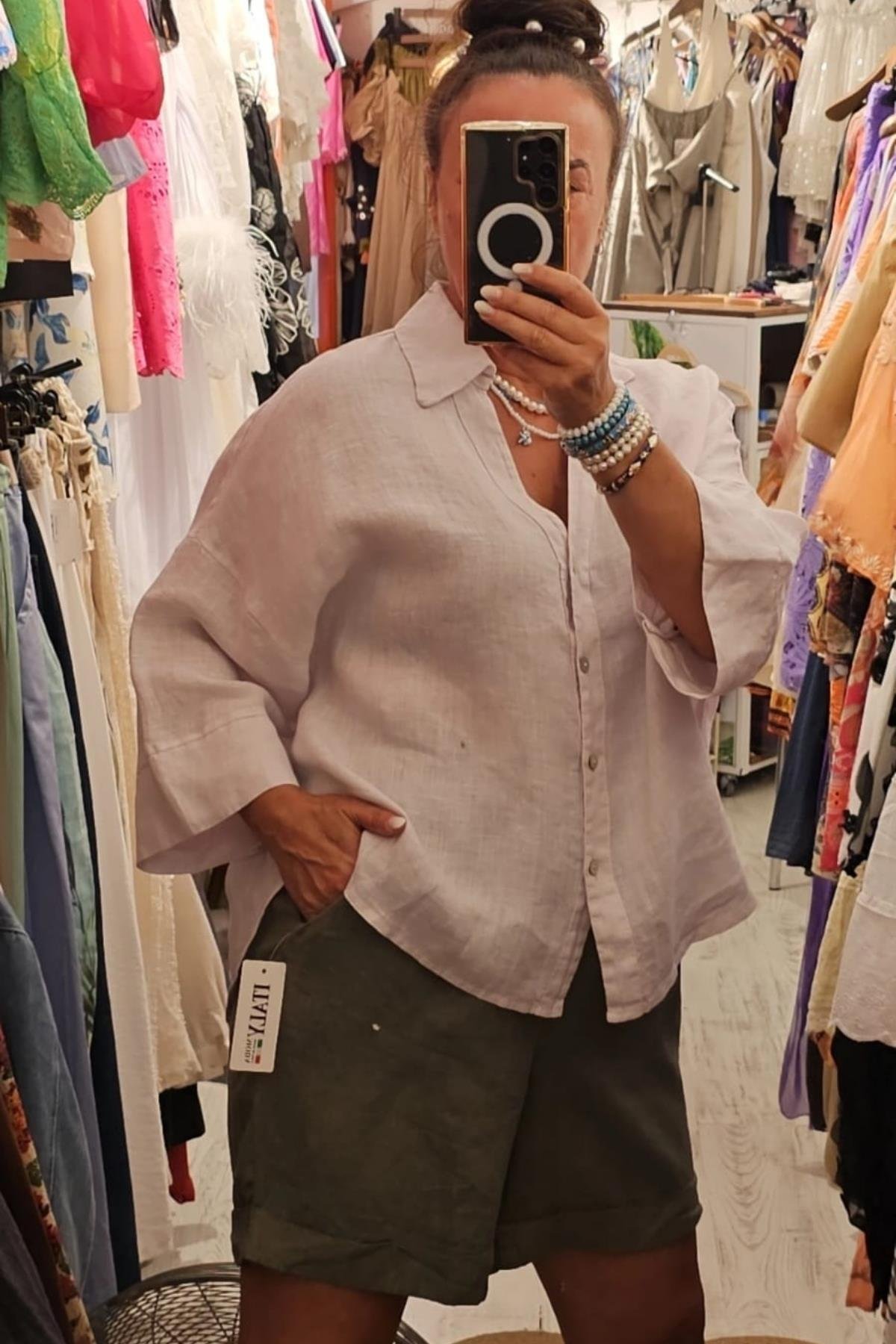 İtalyan Keten Kumaş Bluz Toz Lila Rengi