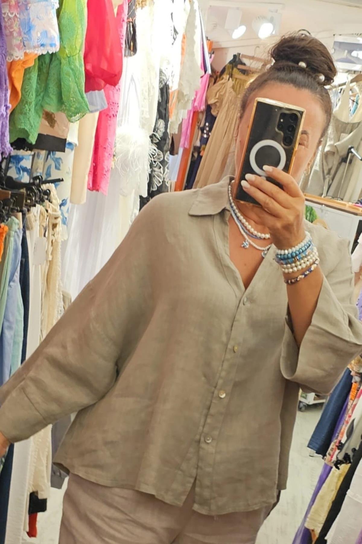 İtalyan Keten Kumaş Bluz Vizon