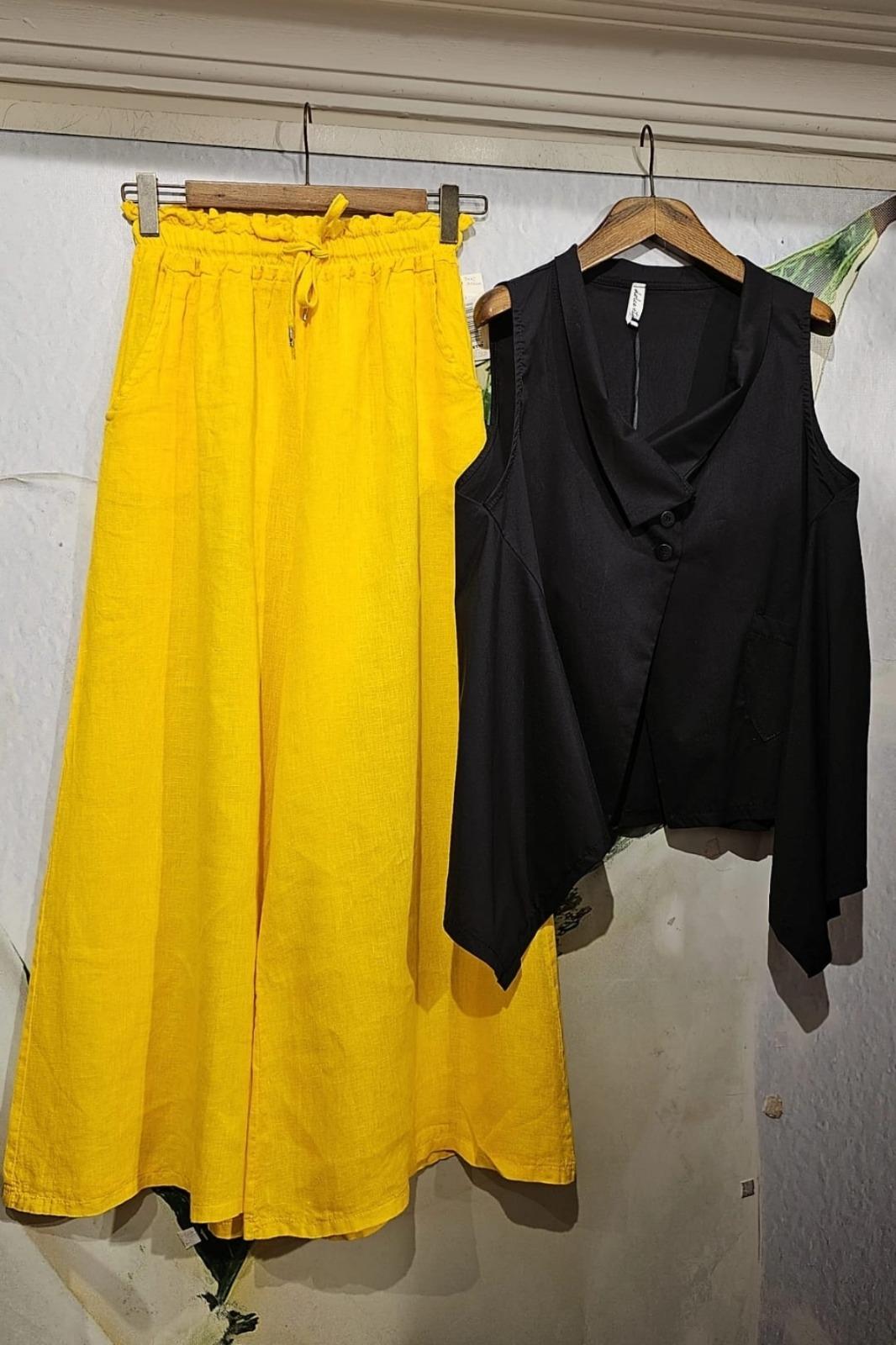 İtalyan Keten Pantolon Cepli, Beli Lastikli, Bol Paça Sarı