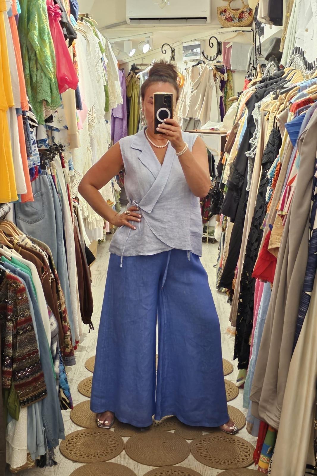 İtalyan Keten Pantolon Cepli, Beli Lastikli, Bol Paça Çivit Mavi