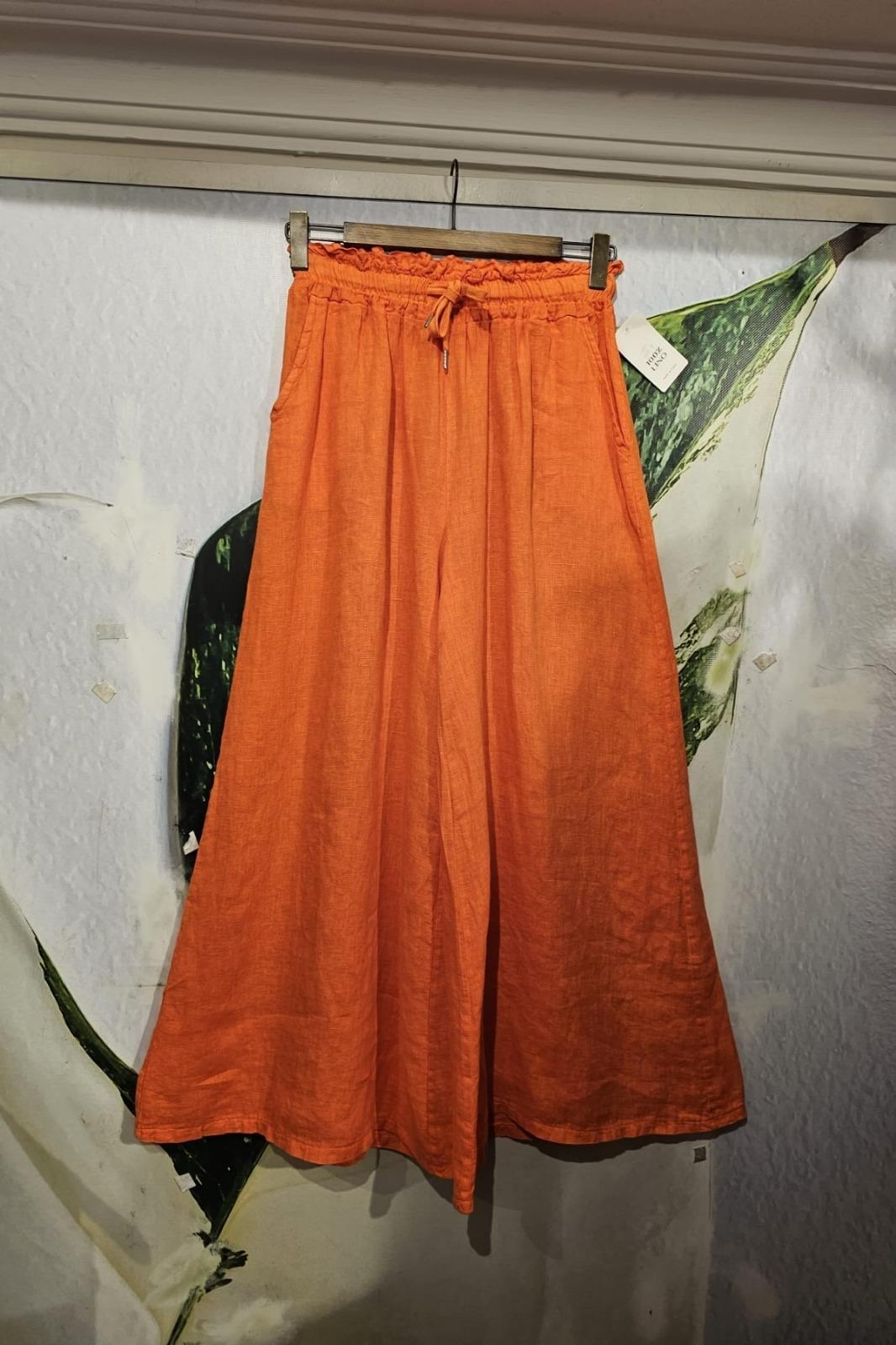 İtalyan Keten Pantolon Cepli, Beli Lastikli, Bol Paça Turuncu
